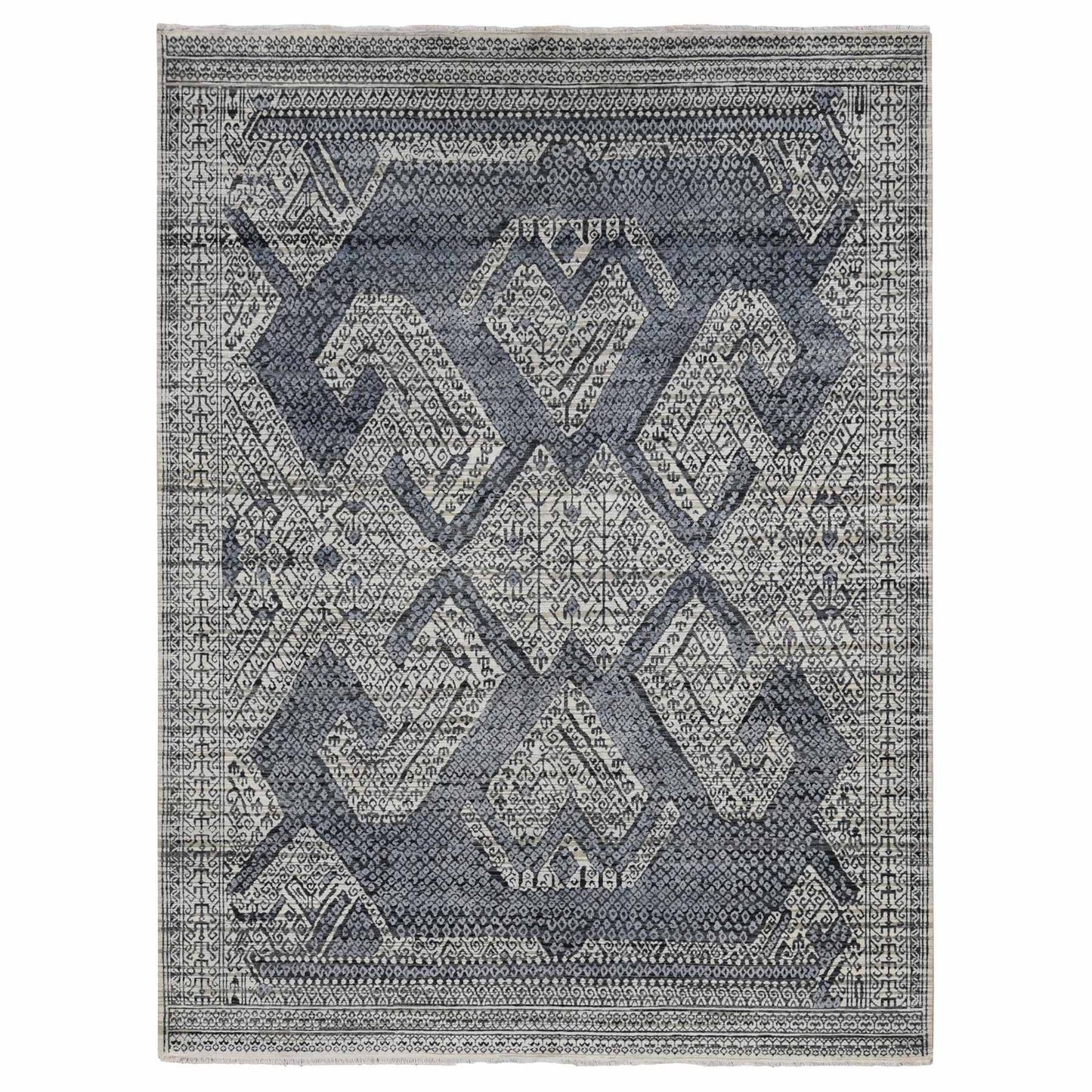 9'X12'3" Vista White Hand Knotted Pure Silk Small Repetitive Design Rug