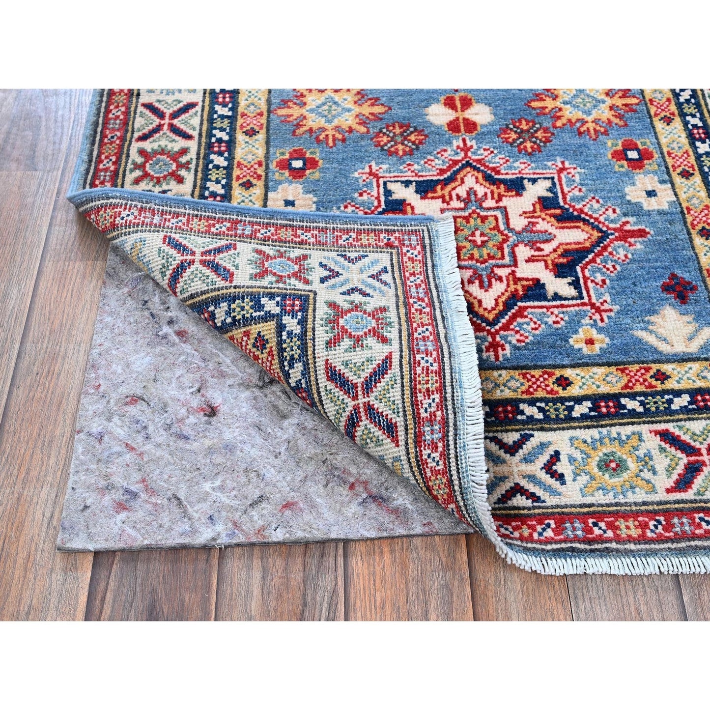 2'7"X9'9" Blue Kazak With Tribal Design Soft Wool Hand Knotted Runner Rug