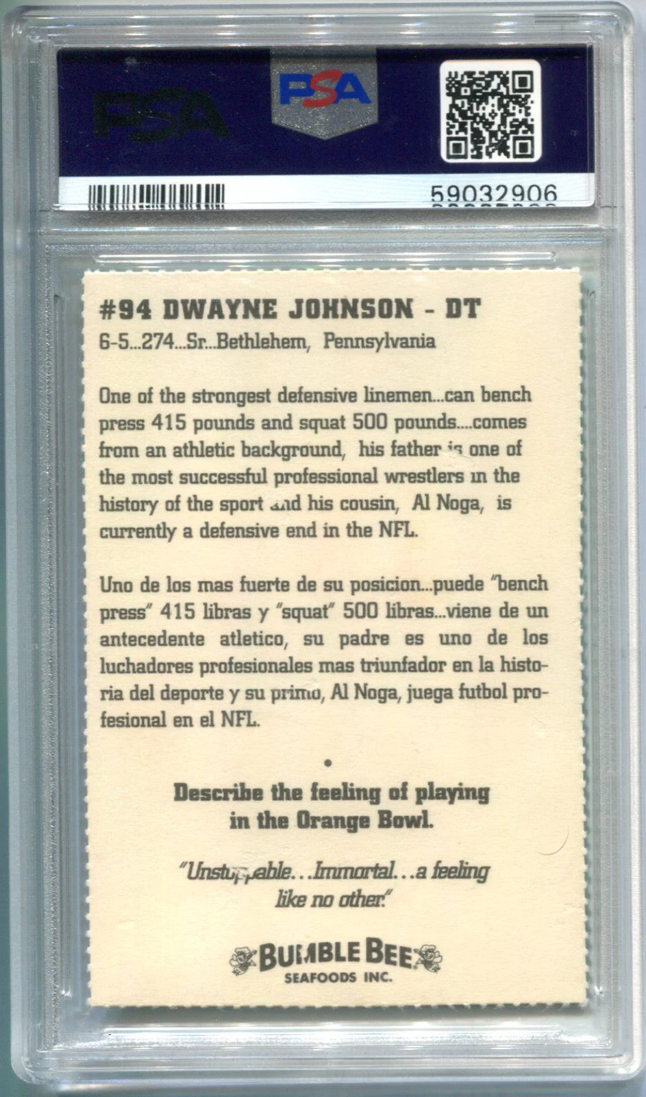 Dwayne Johnson The Rock 1994 Miami Bumble Bee Rookie Card Psa 8 Mint