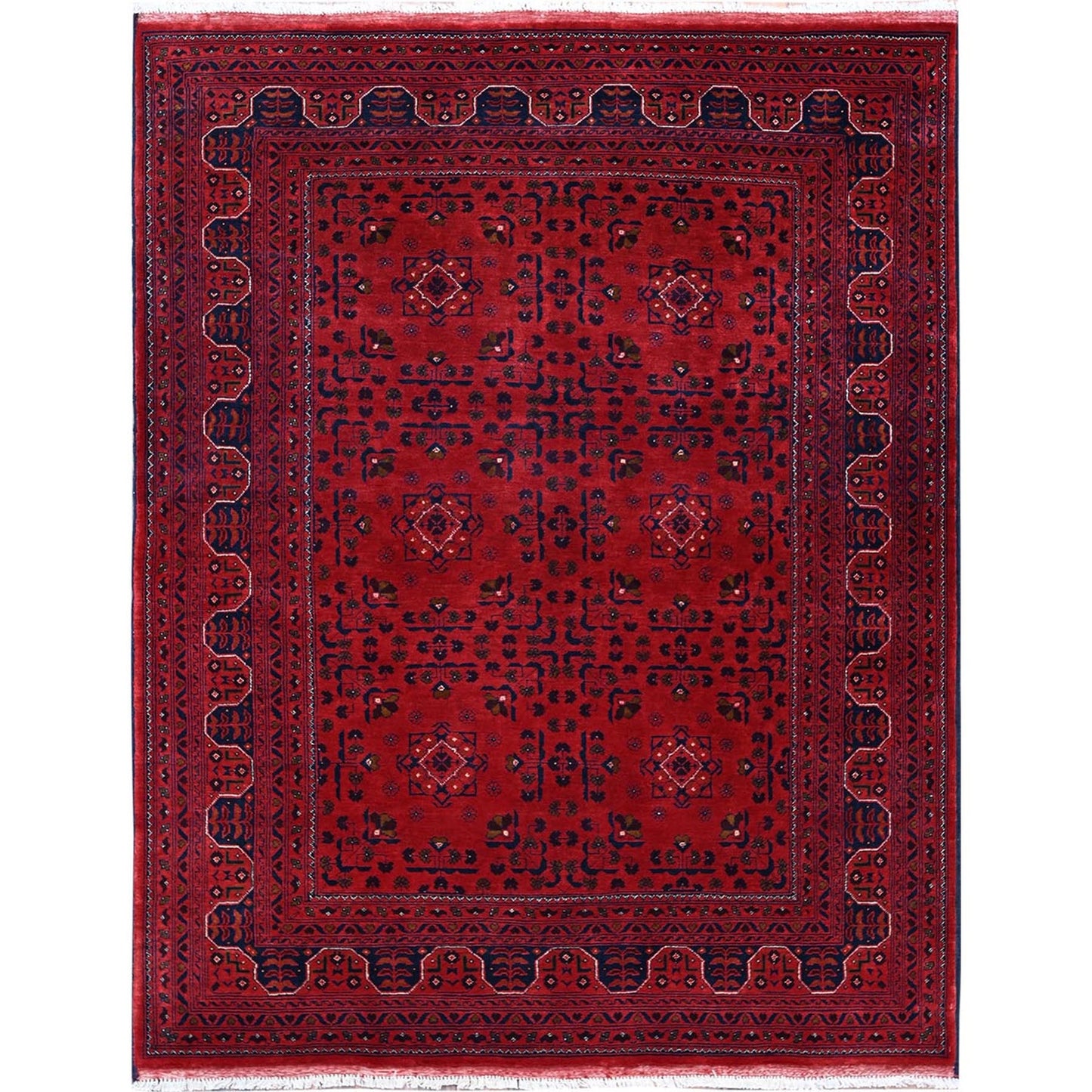 5'X6'4" Red Afghan Khamyab With Tribal Design Pure Wool Hand Knotted Rug