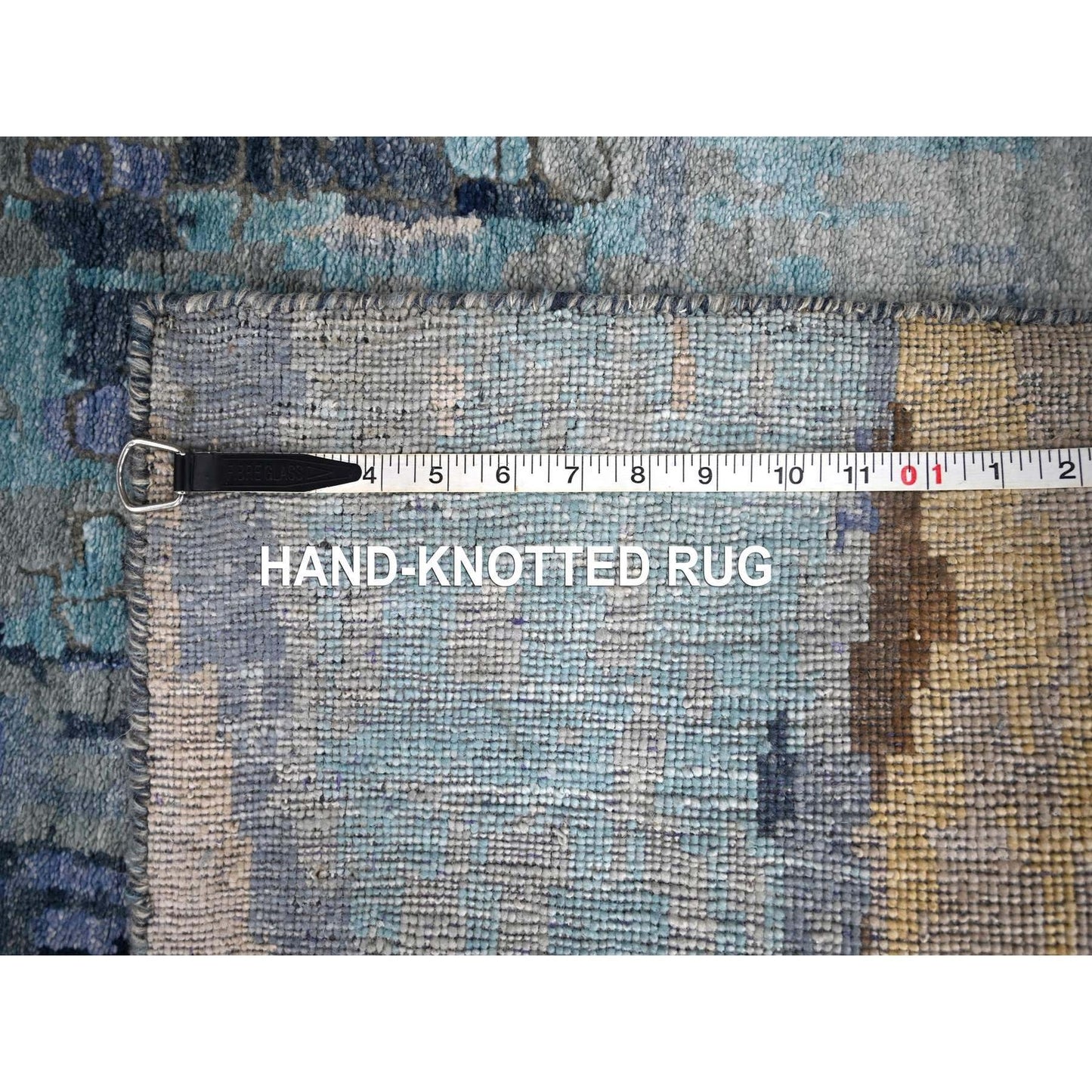 2'7"X15'9" Blue Wool And Silk Modern Mosaic Hand Knotted Xl Runner Rug