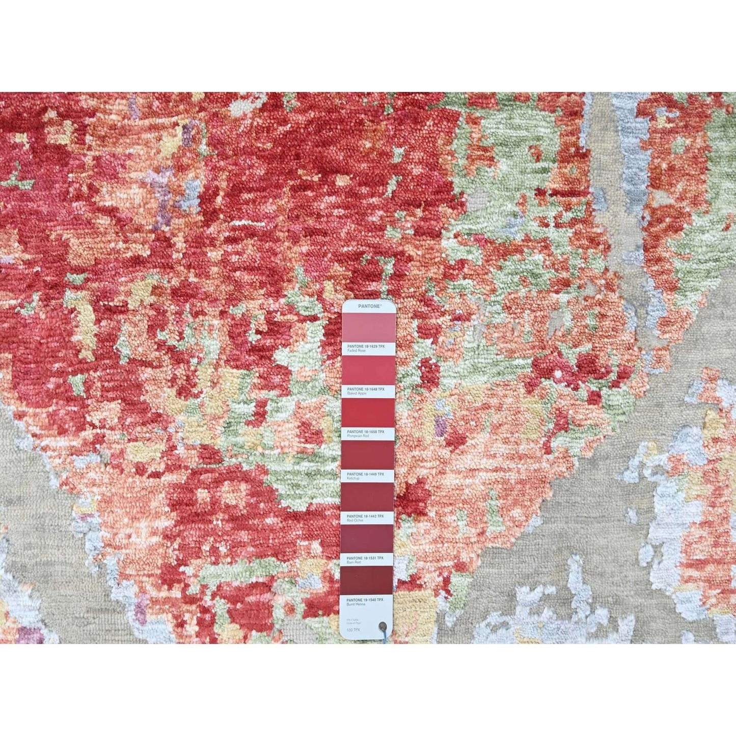 9'1"X12' Ruby Red Abstract Design Wool And Silk Hand Knotted Modern Rug