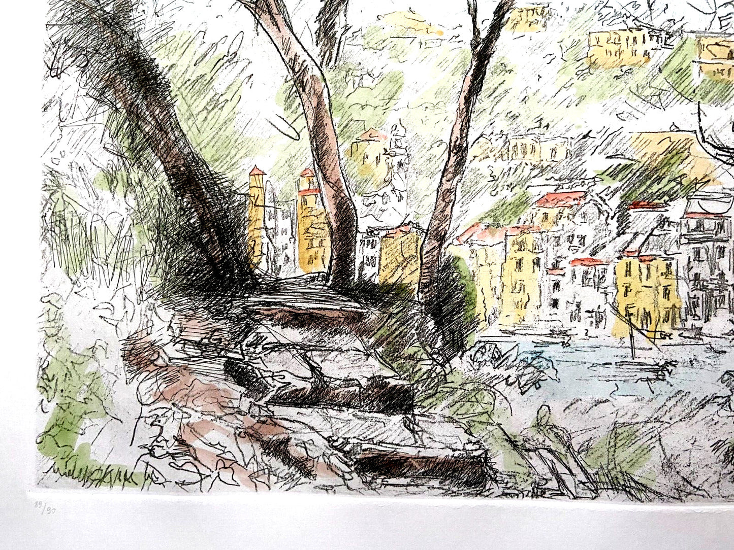 Michele Cascella "Portofino" Engraving Watercolor