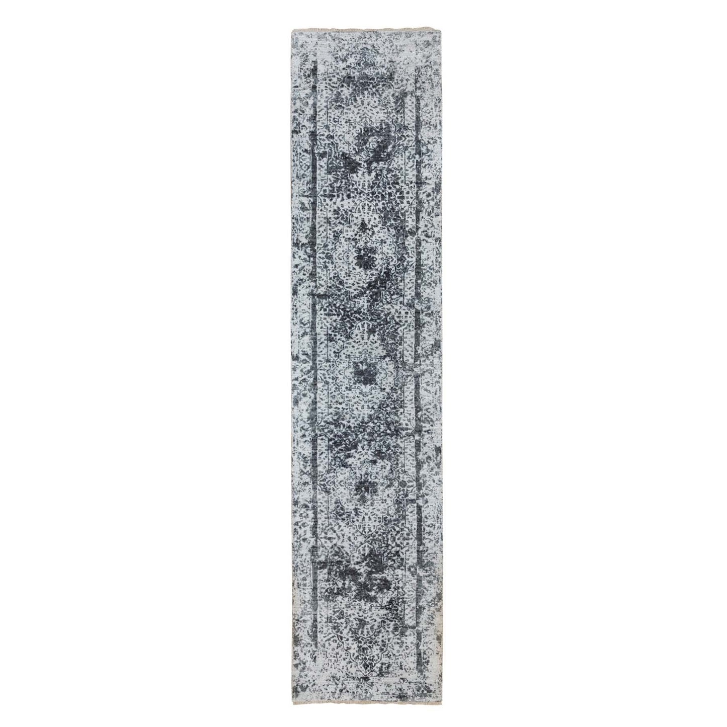 2'7"X12' Erased Farsian Design Wool And Pure Silk Hand Knotted Runner Rug