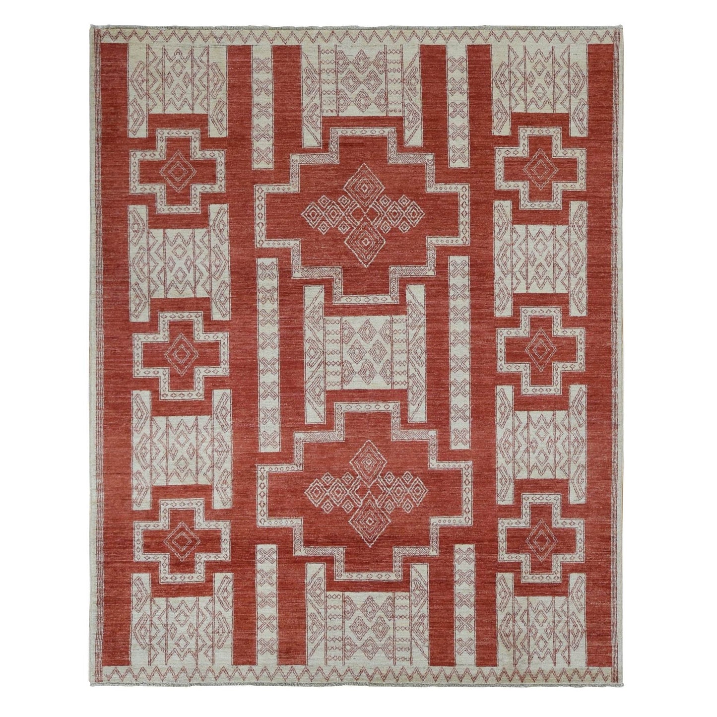 8'1"X10' Red Wool Hand Knotted Peshawar With Geometric Motifs Rug