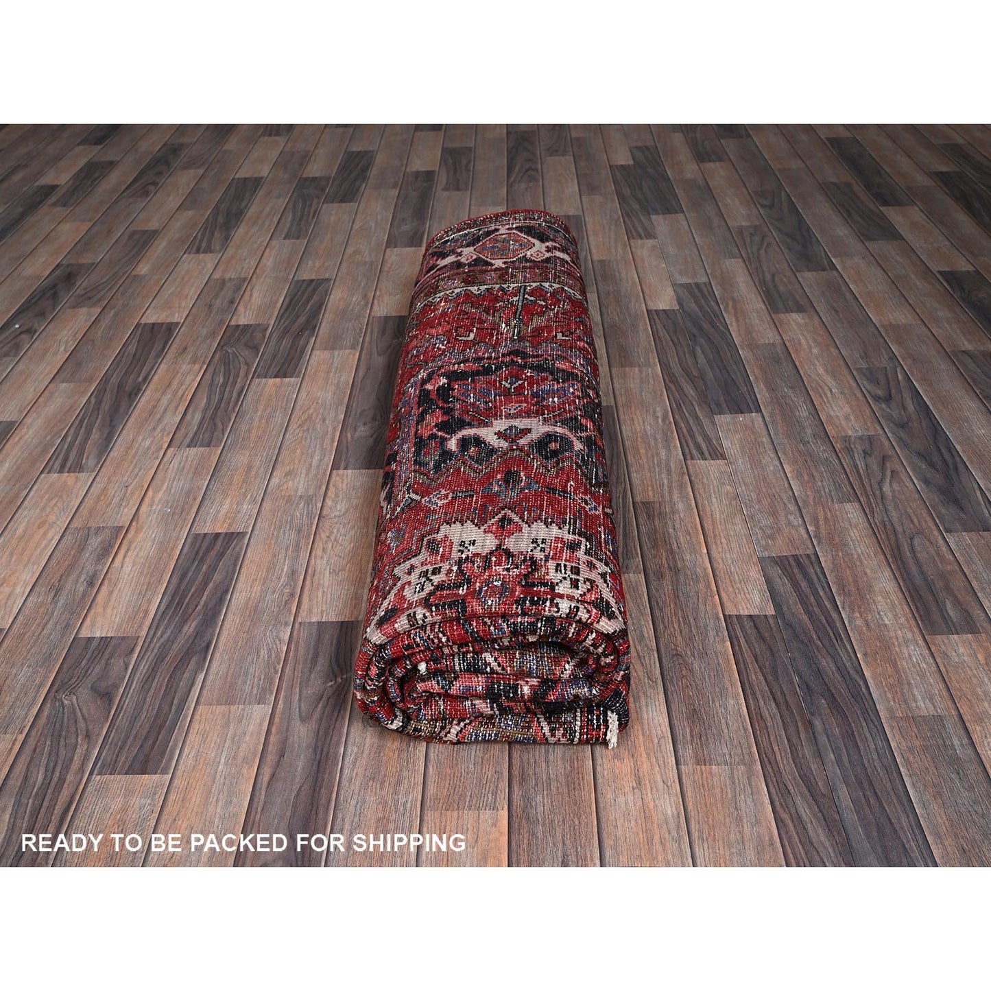 8'X9'2" Red Vintage Zoroastrian Heris Pure Wool Hand Knotted Worn Down Rug