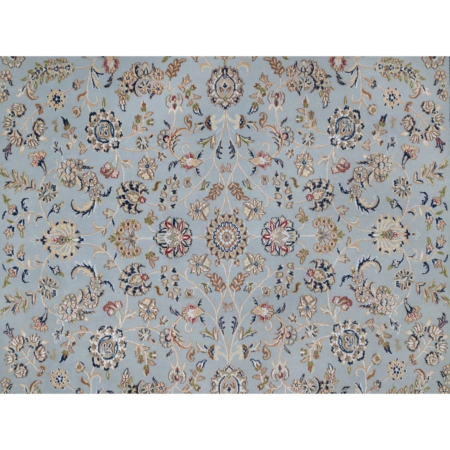 8'2"X10'5" Slate Blue Nain Flower Design Hand Knotted Wool And Silk Rug