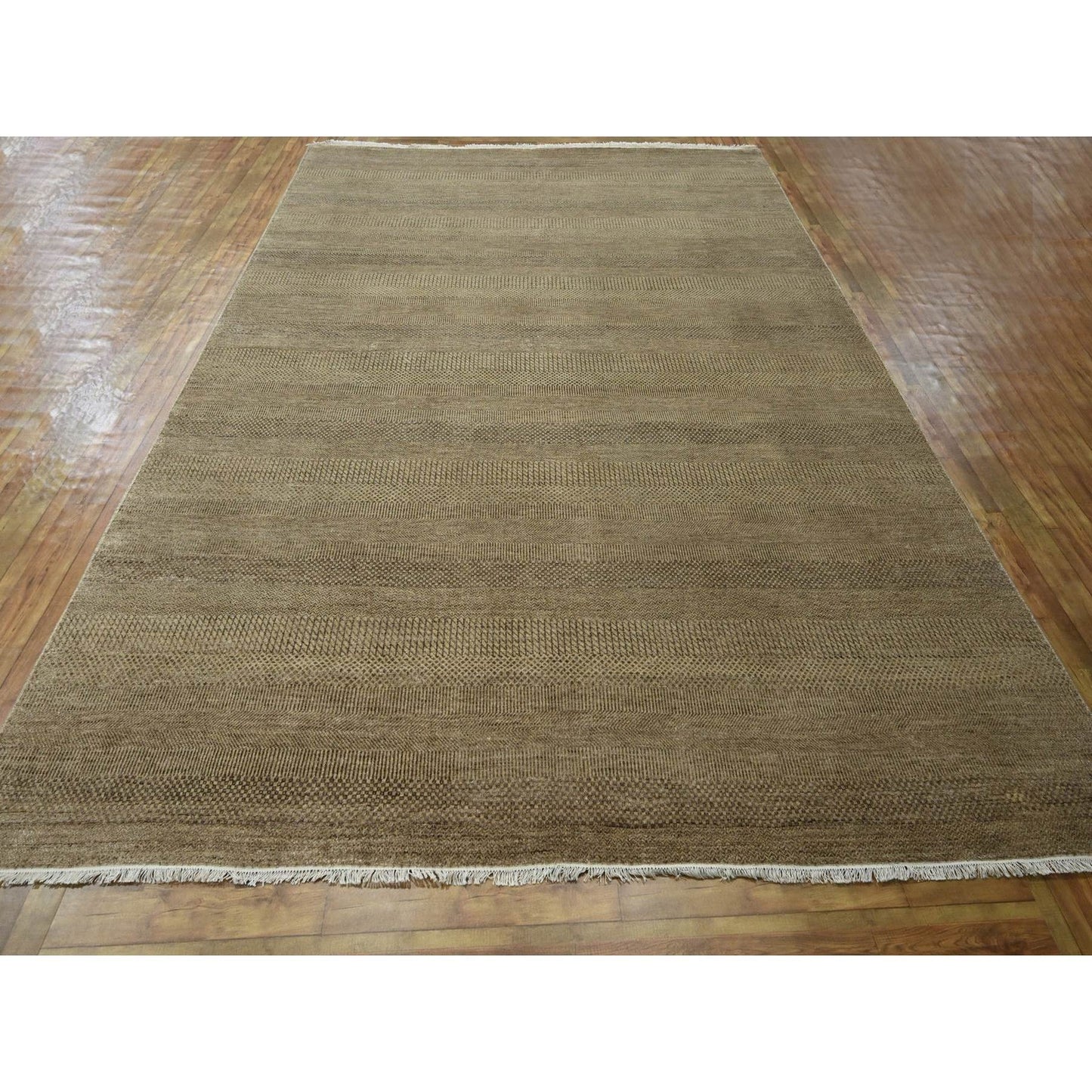 8'10"X12' Brown Modern Grass Design Hand Knotted Wool & Silk Oriental Rug