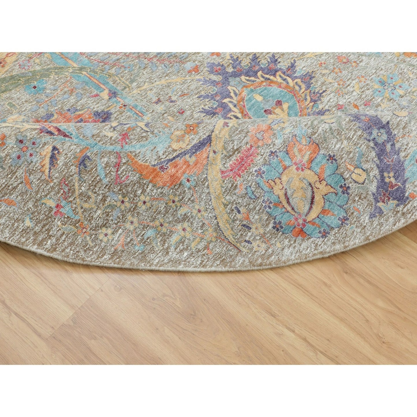 8'10"X8'10" Tan Round Sickle Leaf Design Silk With Wool Hand Knotted Rug