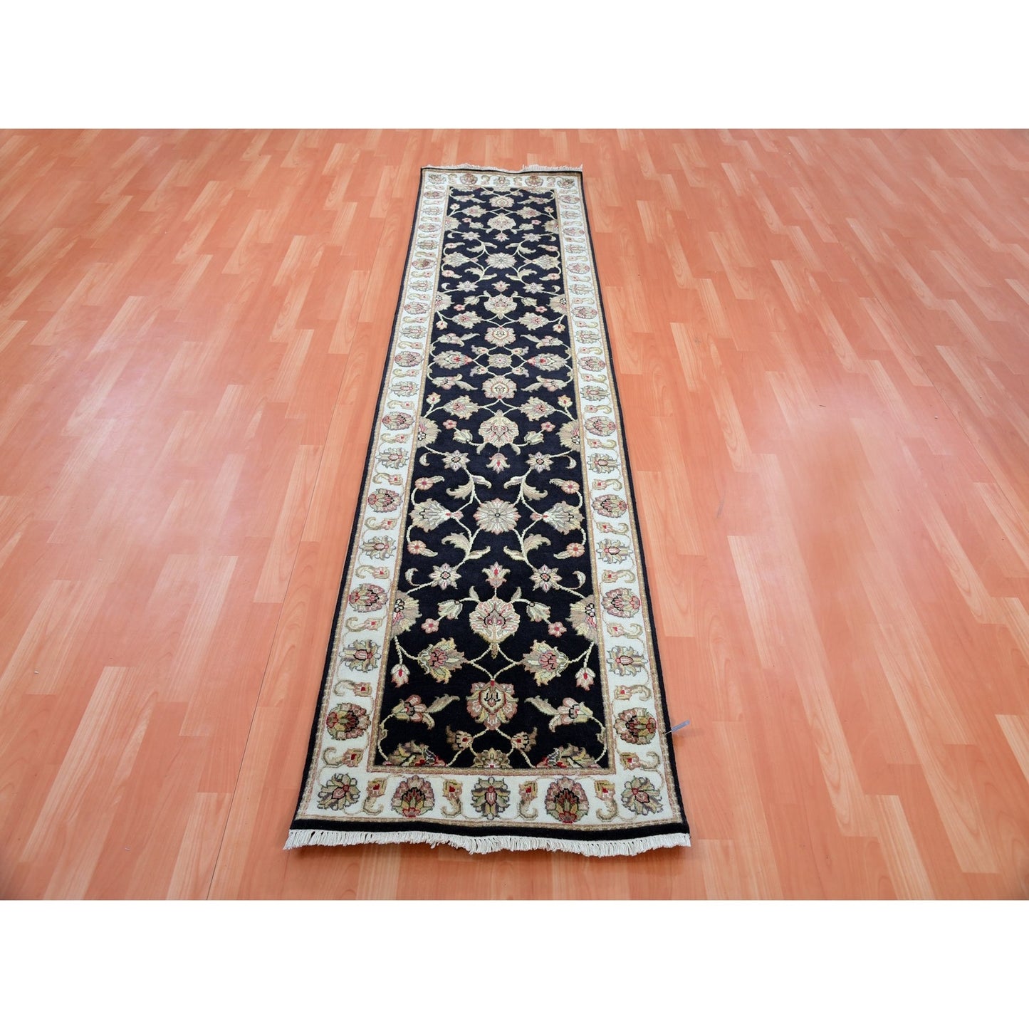 2'6"X10' Raisin Black Hand Knotted Rajasthan Design Wool Silk Runner Rug