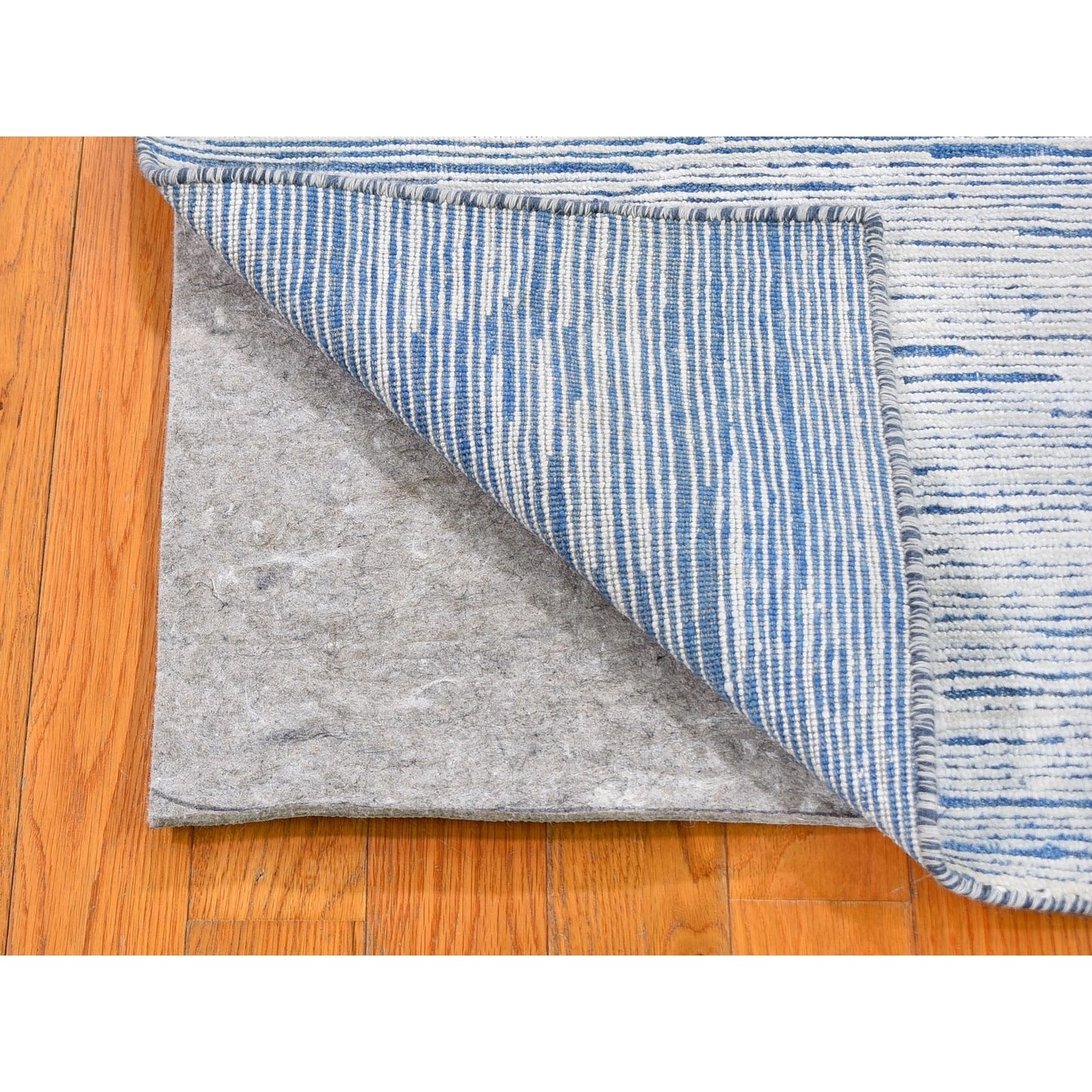 2'X3' Blue Silk With Text Wool Striae Design Hand Knotted Oriental Rug