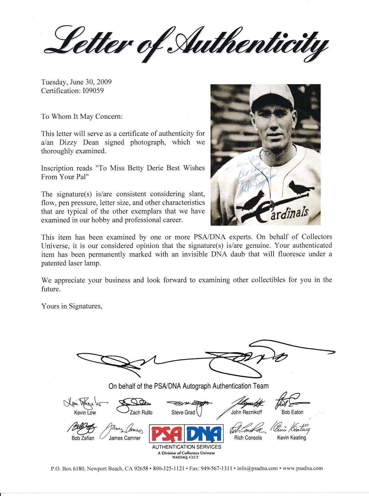 Dizzy Dean Hof Autographed 6.5X8.5 B/W Photo St.