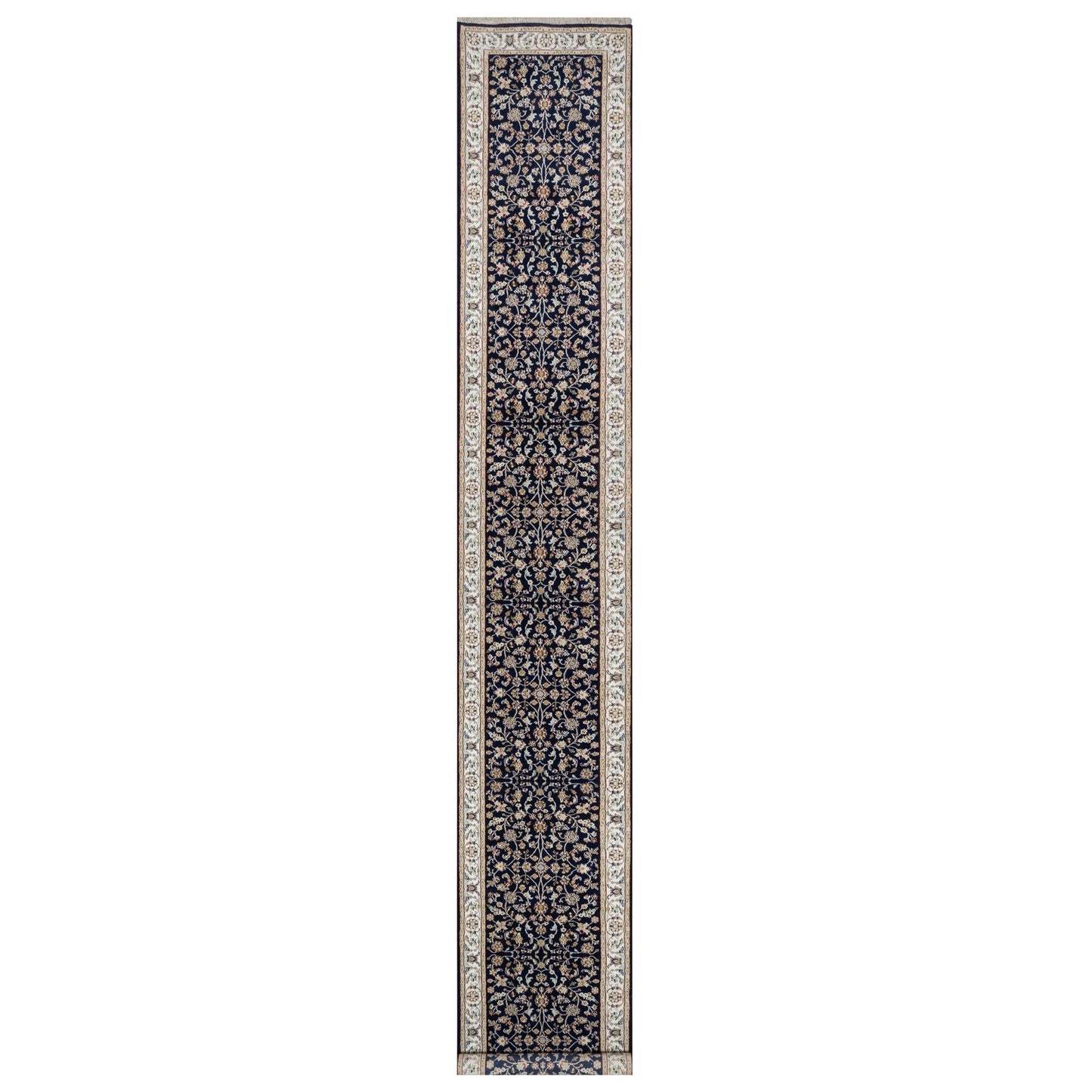 2'8"X18'1" Blue Nain Flower Design Wool And Silk Hand Knotted Runner Rug