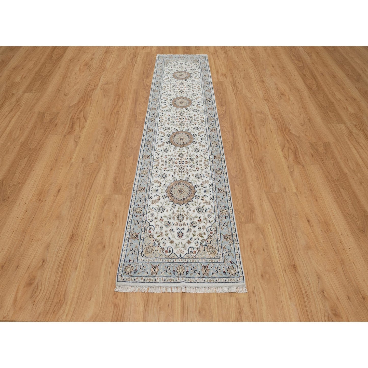 2'5"X10' Spring White Nain Hand Knotted 250 Kpsi Wool And Silk Runner Rug