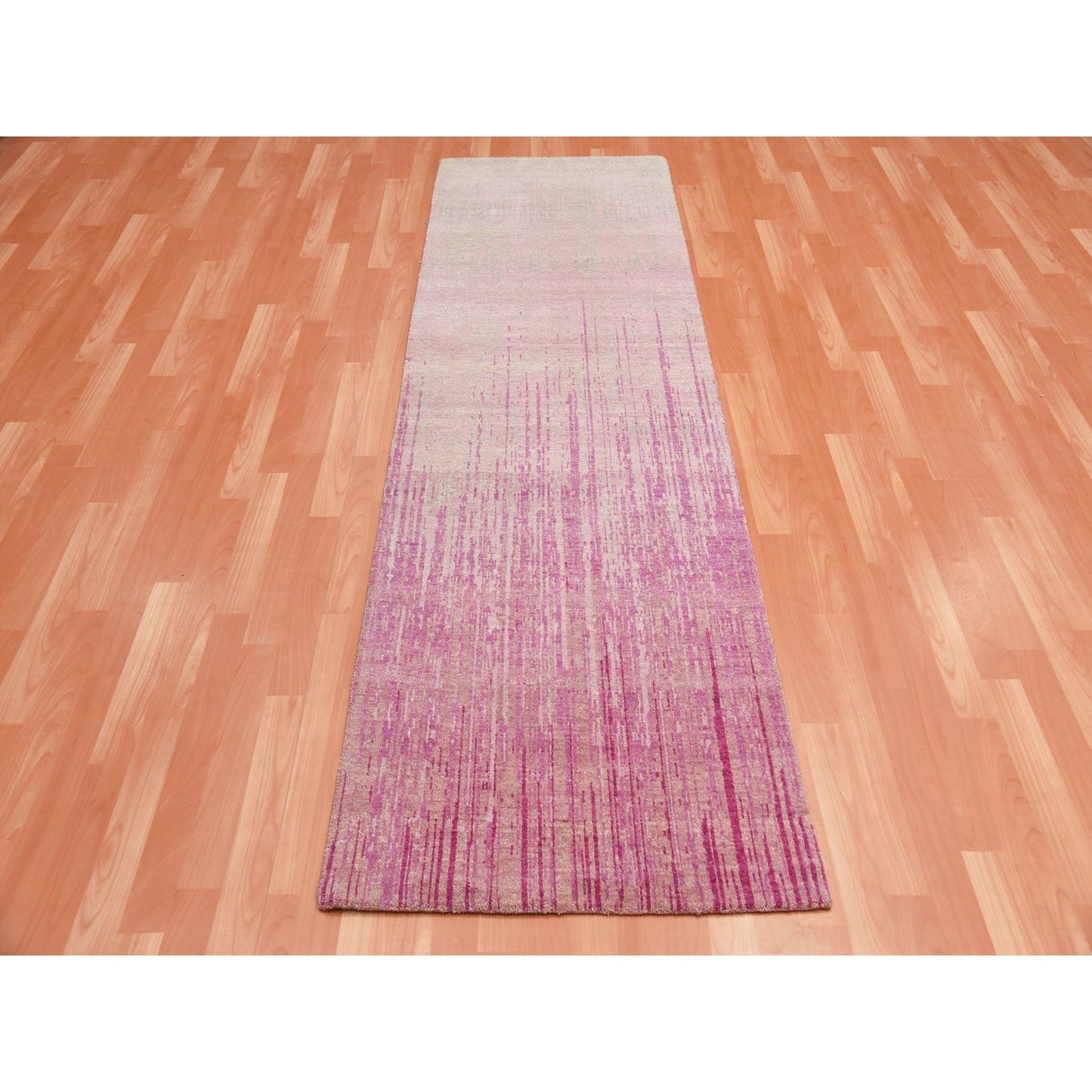 2'7"X8'4" Pink Hand Knotted Vertical Ombre Design Natural Wool Runner Rug