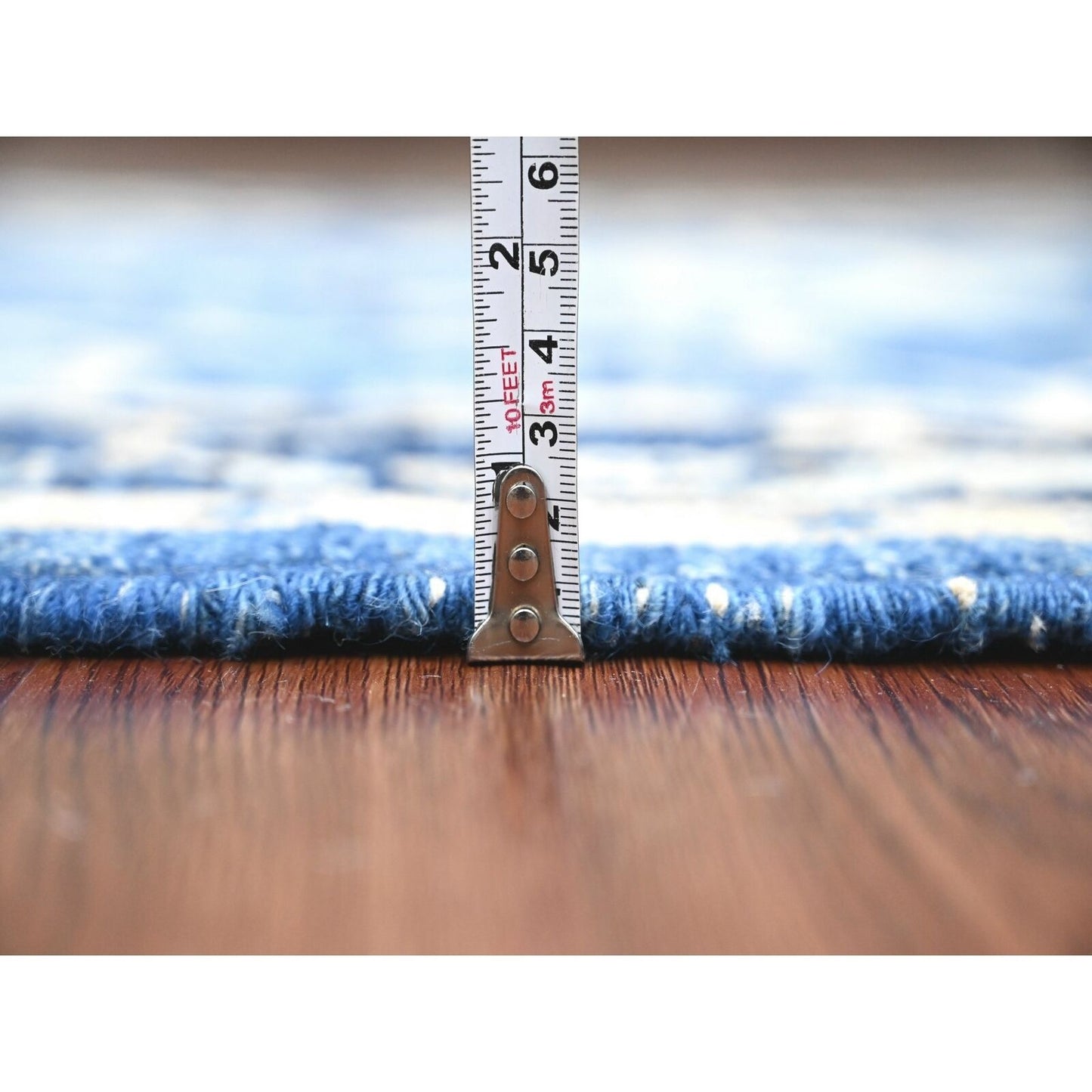 4'X15'7" Blue Hand Knotted Angora Oushak Leaf Design Pure Wool Runner Rug