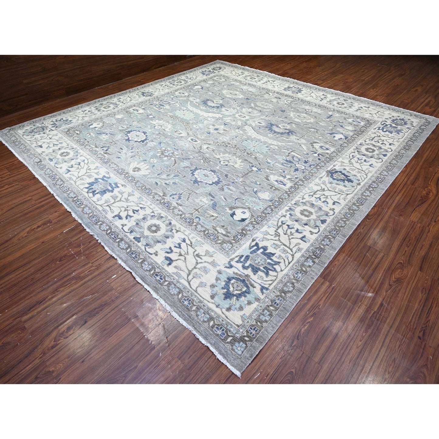 12'X12' Violet Mist Gray Fine Peshawar Hand Knotted Soft Wool Square Rug