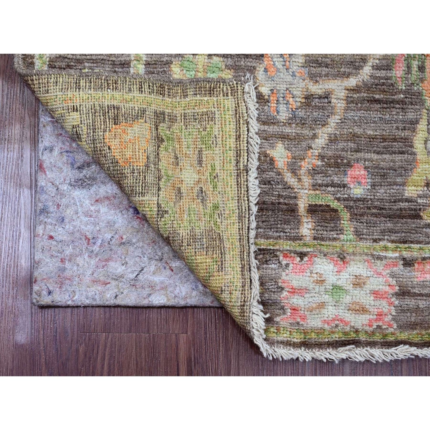 3'X9'8" Brown Angora Oushak Leaf Design Hand Knotted 100% Wool Runner Rug