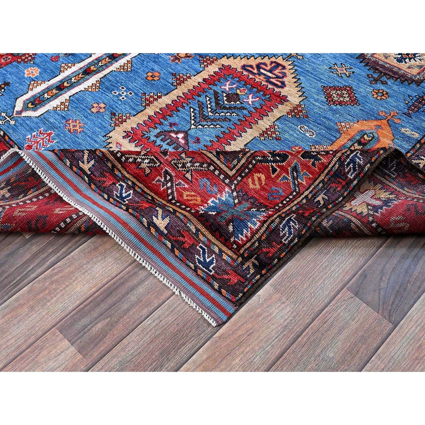 6'3"X9'1" Blue Afghan Caucasian Design Revival Hand Knotted Soft Wool Rug