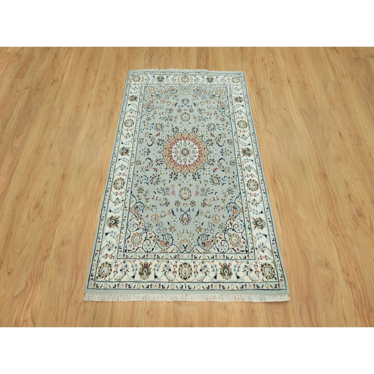 4'X6'2" Gray Hand Knotted Nain Design 250 Kpsi Soft Wool Rug
