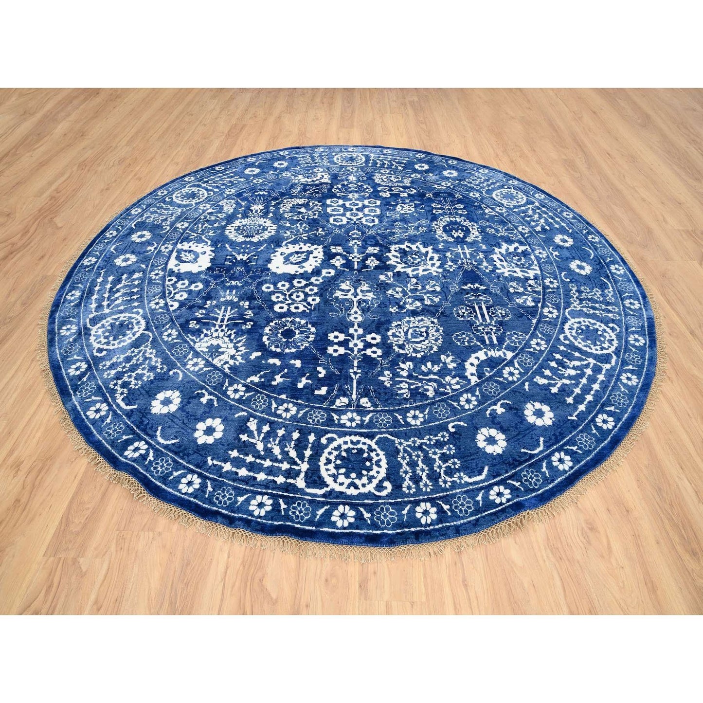 10'2"X10'2" Denim Blue Tebraz Wool And Silk Hand Knotted Round Rug