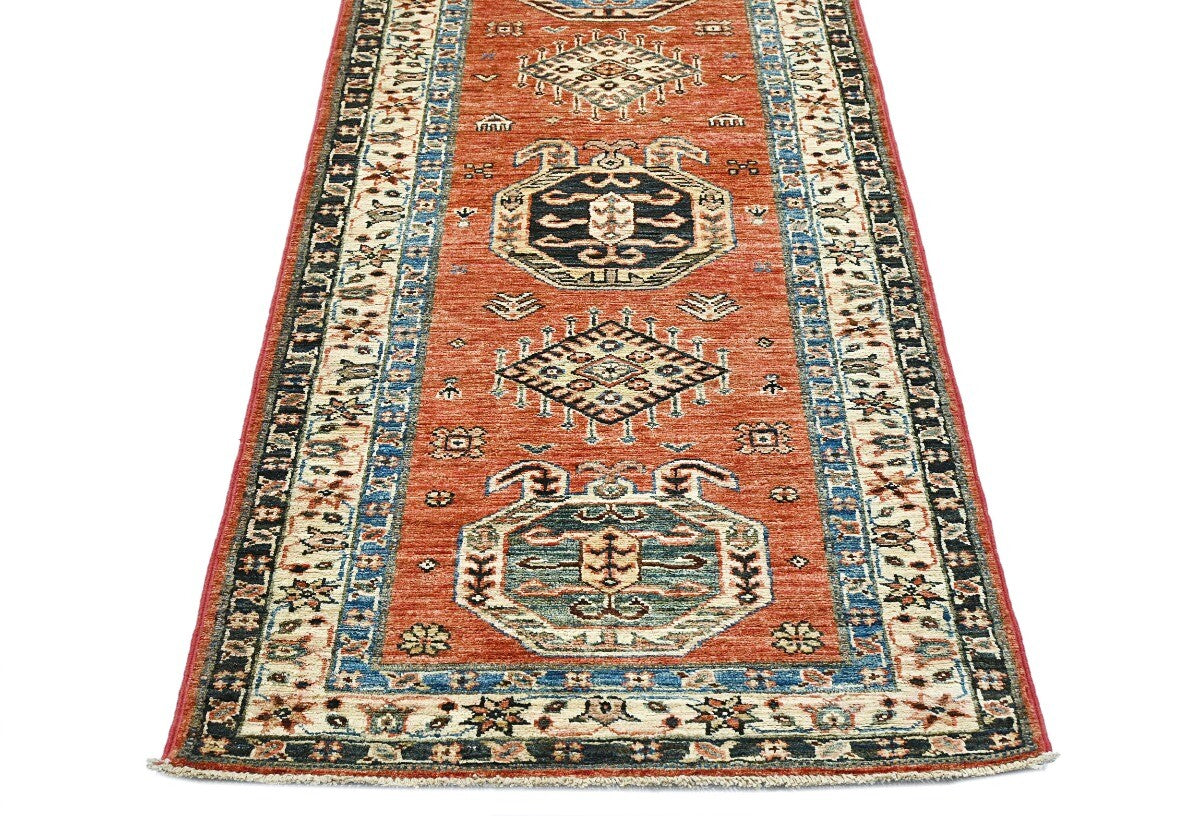 Handmade Kazak Runner Rug Rusty Red Tribal