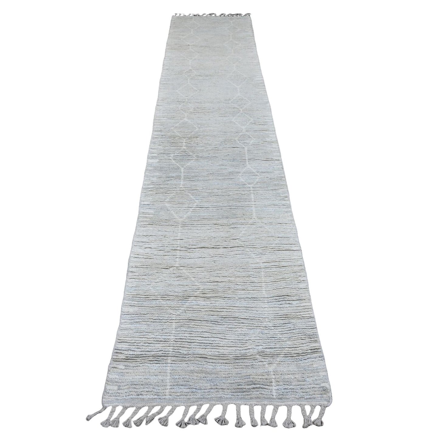 2'6"X12'9" White Wool Geometric Moroccan Weave Hand Knotted Runner Rug