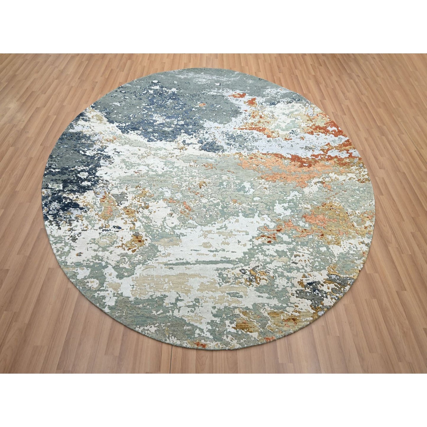 8'X8' Gray With Peach Abstract Design Pure Wool Hand Knotted Round Rug