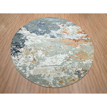 8'X8' Gray With Peach Abstract Design Pure Wool Hand Knotted Round Rug
