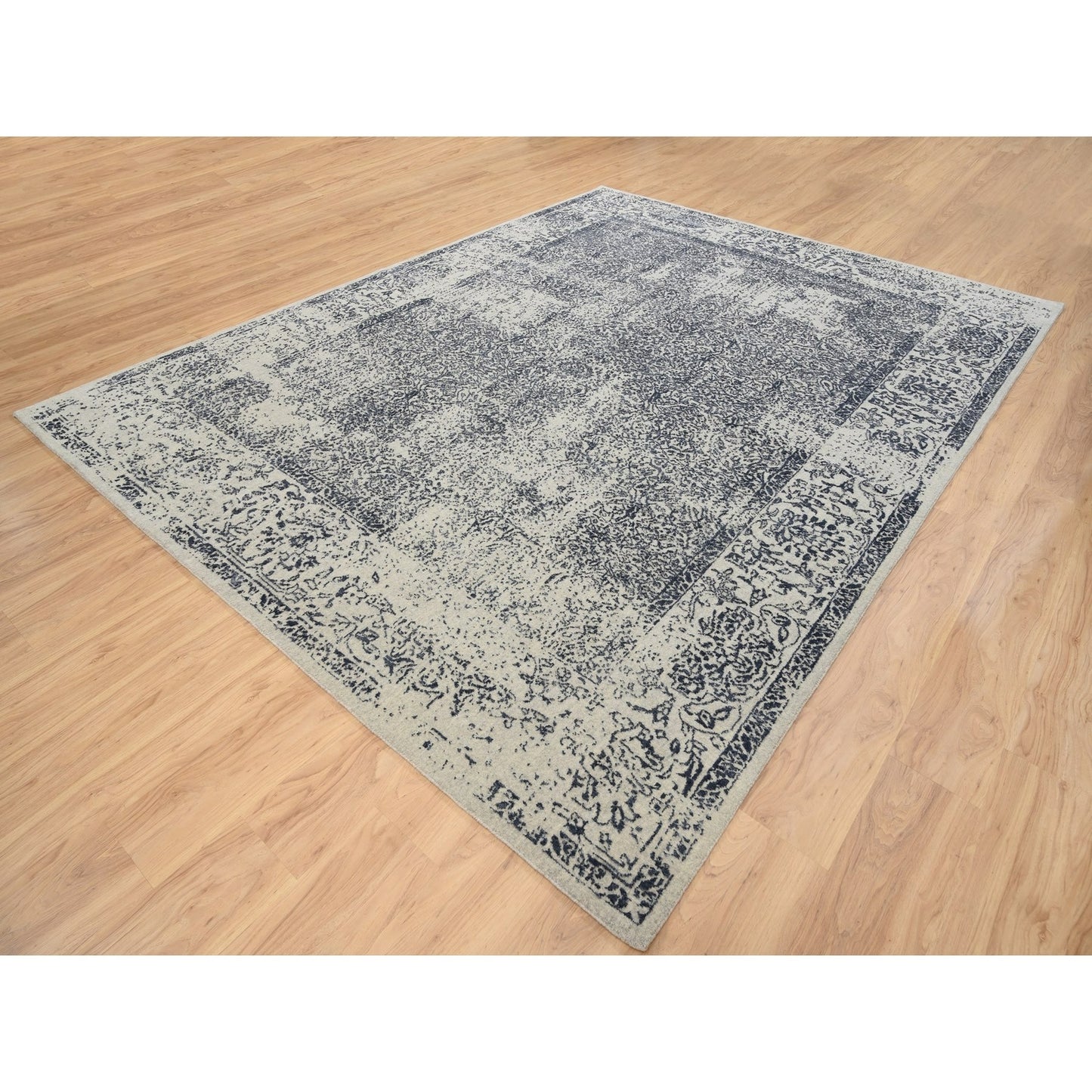 9'1"X12' Hand Loomed Light Gray Fine Jacquard Wool And Art Silk Rug