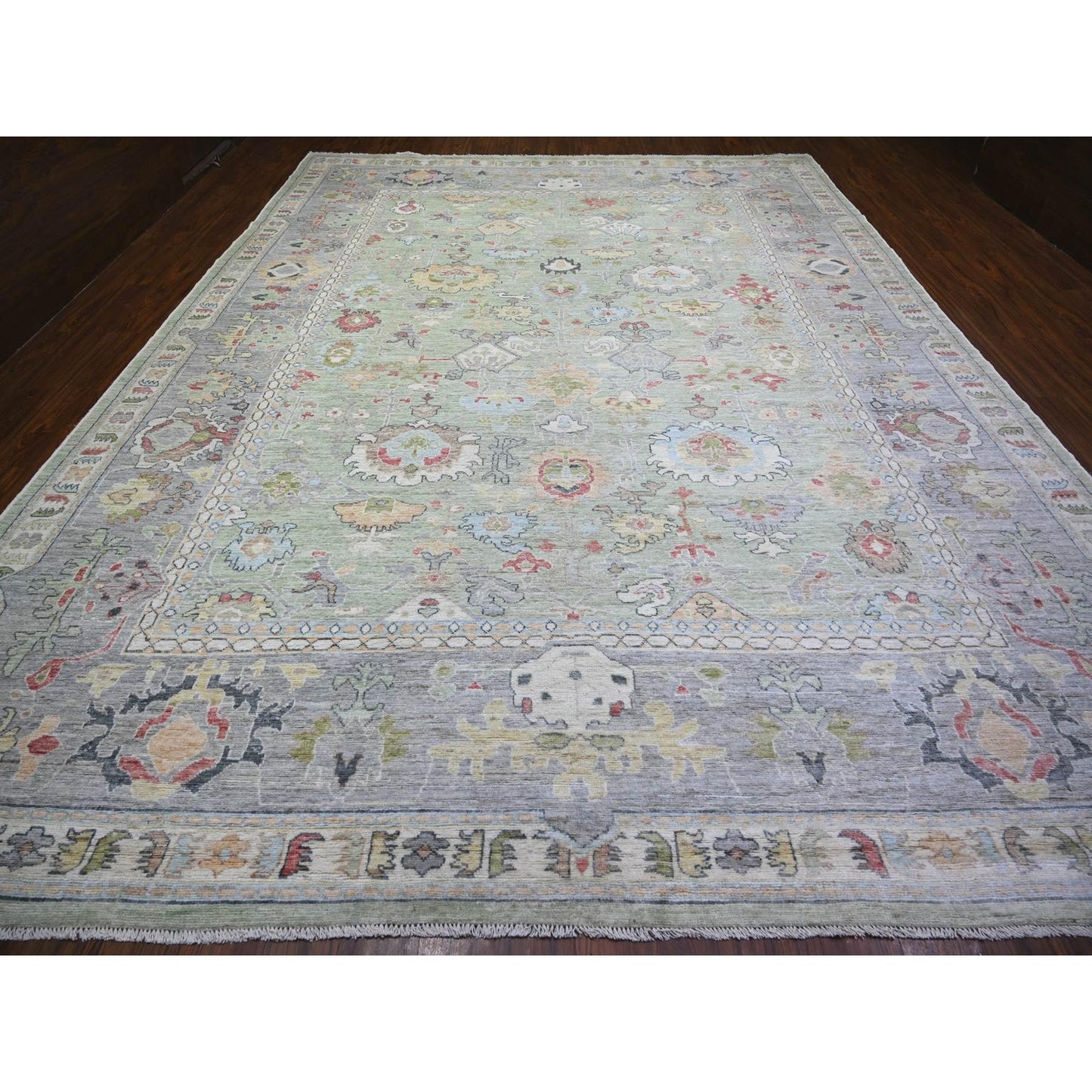 11'6"X15'7" Green Afghan Angora Oushak Wool Hand Knotted Oversized Rug