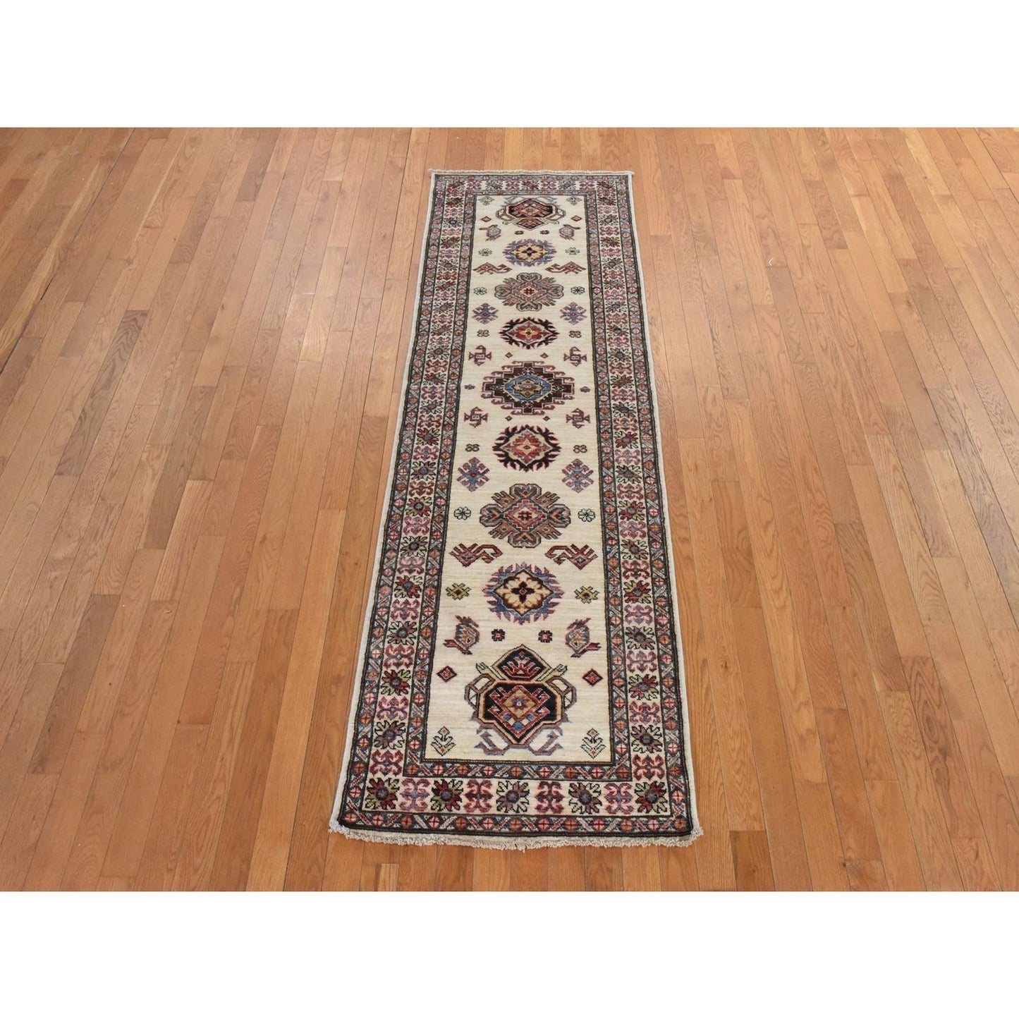 2'9"X8'3" Ivory Super Kazak Geometric Design Hand Knotted Wool Runner Rug