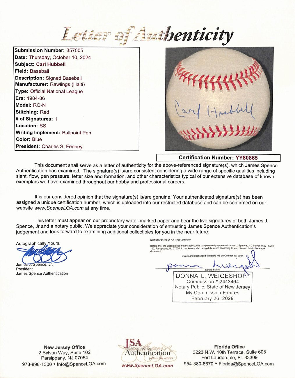 Carl Hubbell Hof Signed/Autographed Onl Baseball