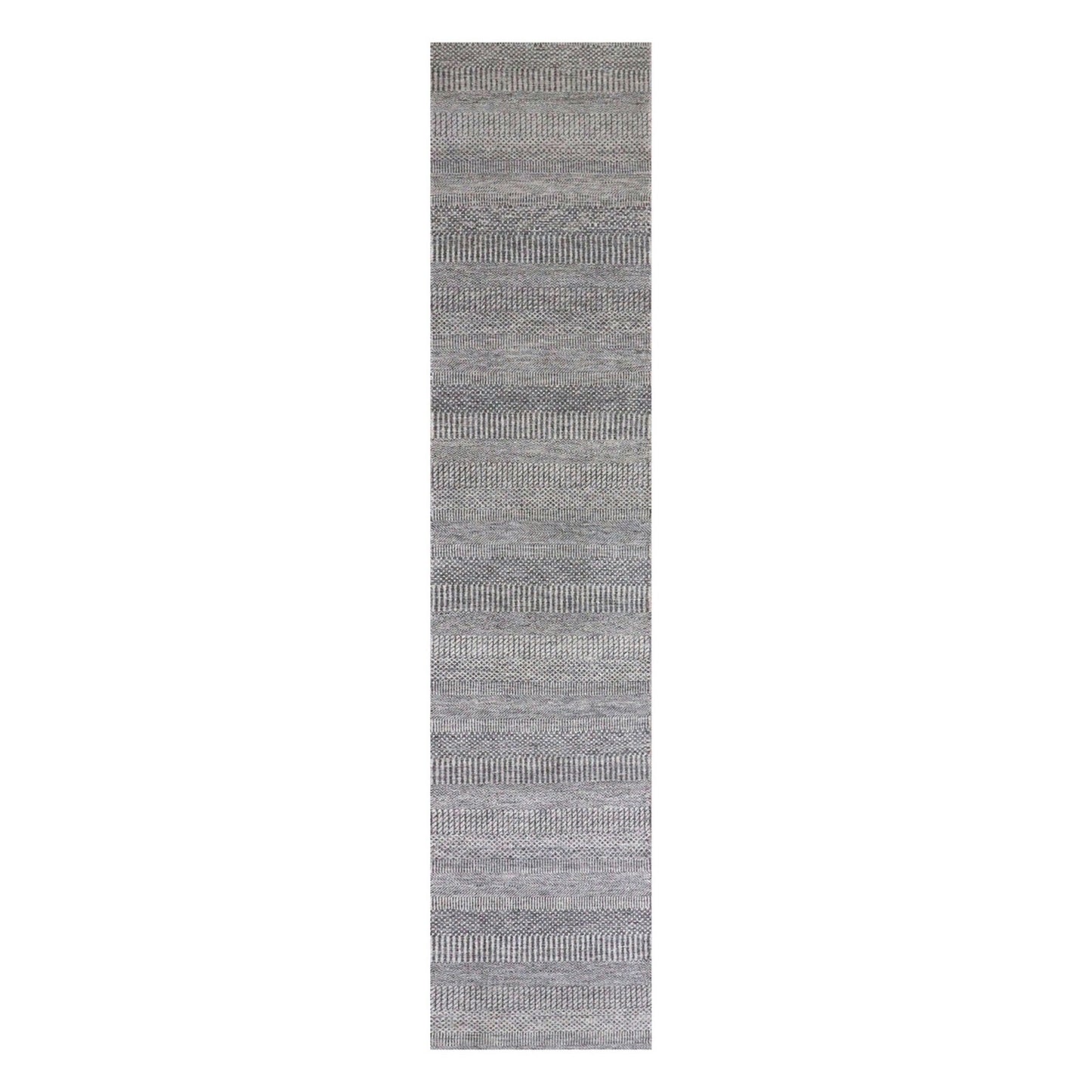 2'5"X15'10" Gray Grass Design Hand Knotted Undyed Wool Xl Runner Rug