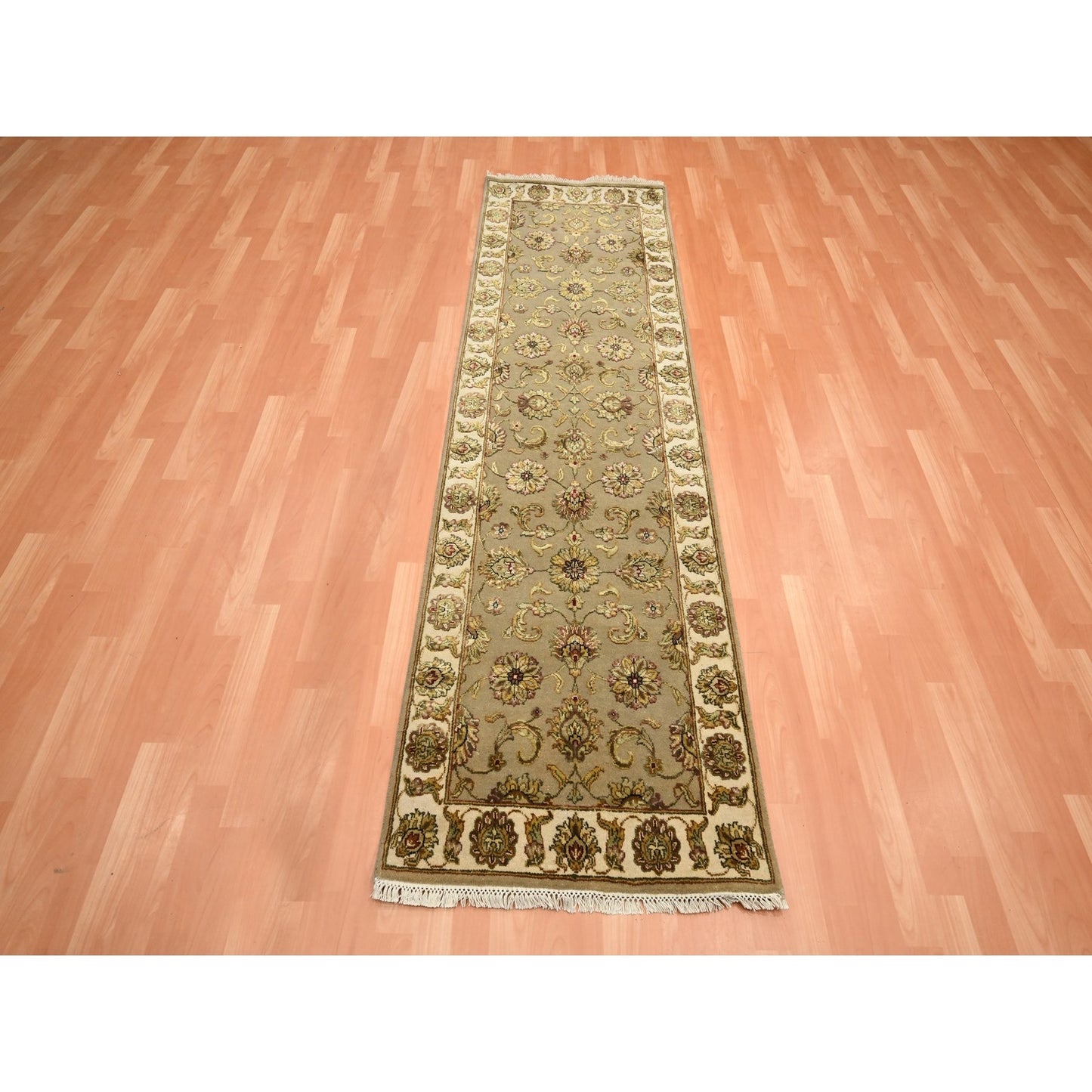 2'6"X8'3" Brown Hand Knotted Rajasthan Leaf Design Wool & Silk Runner Rug