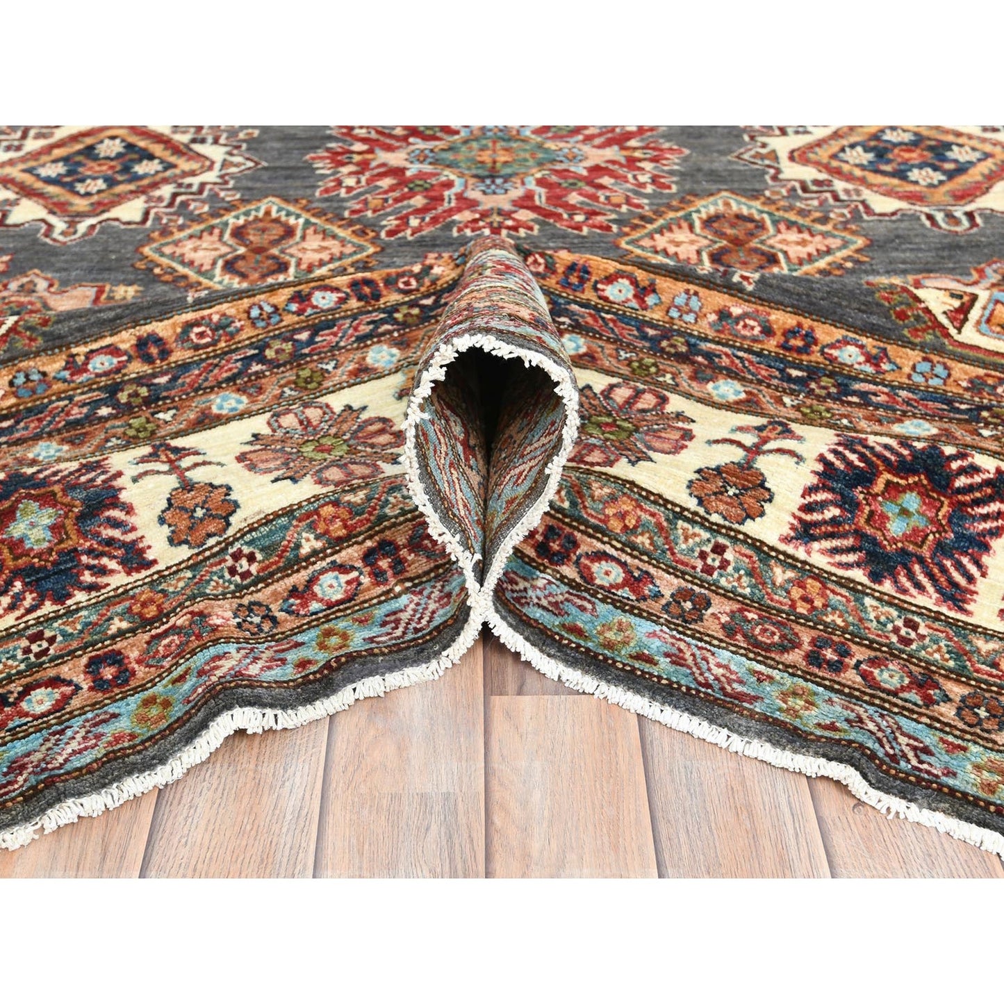 10'3"X13'10" Stone Gray Soft Wool Hand Knotted Afghan Super Kazak Rug