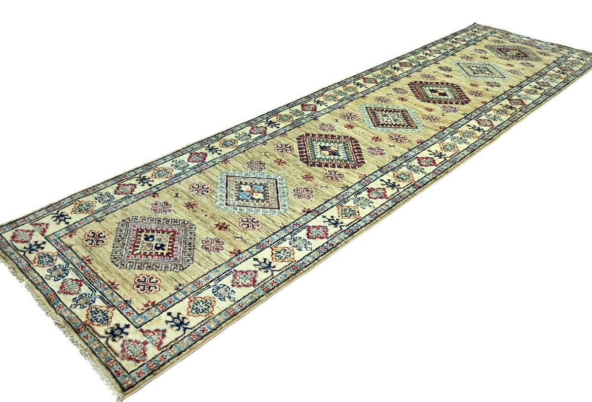 3X10 ft Beige Tribal Geometric Kazak Runner Wool