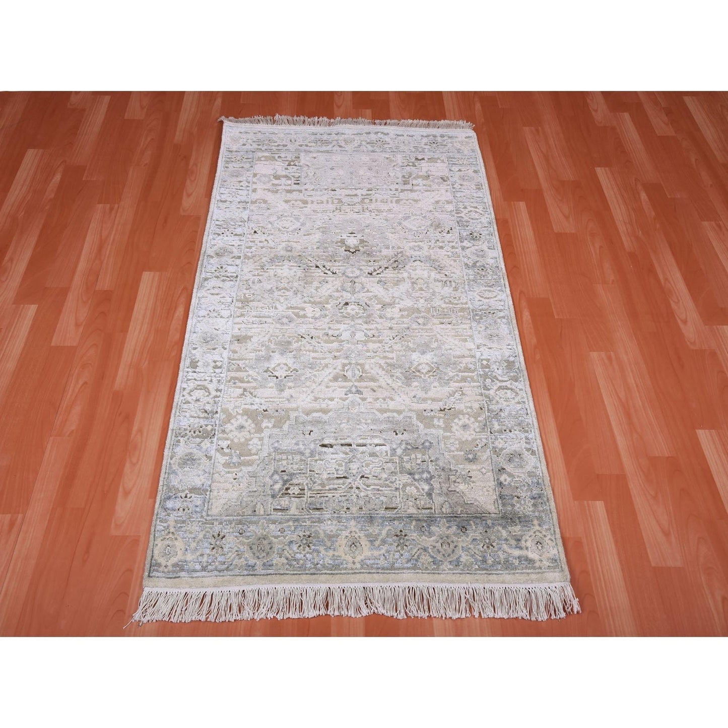 3'X5'2" Gray Hand Knotted Oushak Pure Silk And Textured Wool Rug