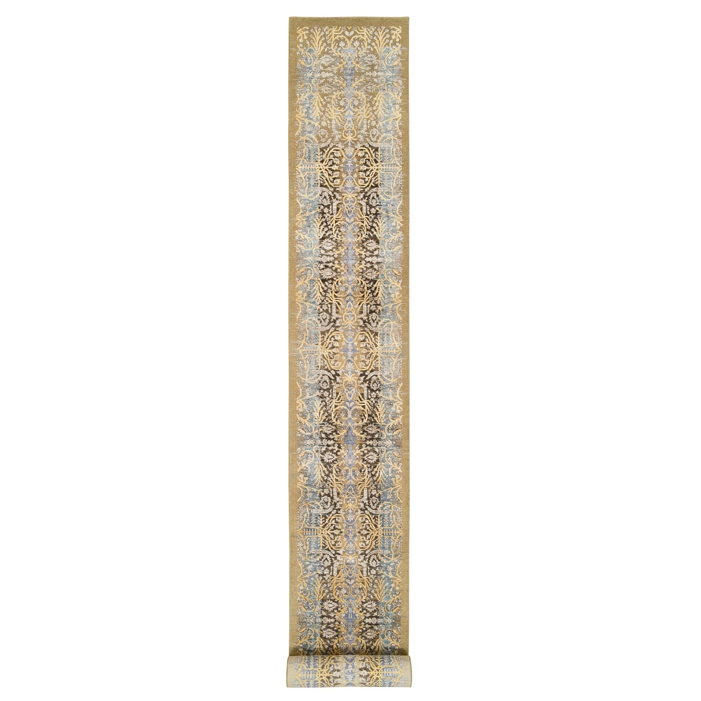 2'7"X22' Gold Brown Hand Knotted Silk With Textured Wool Xl Runner Rug