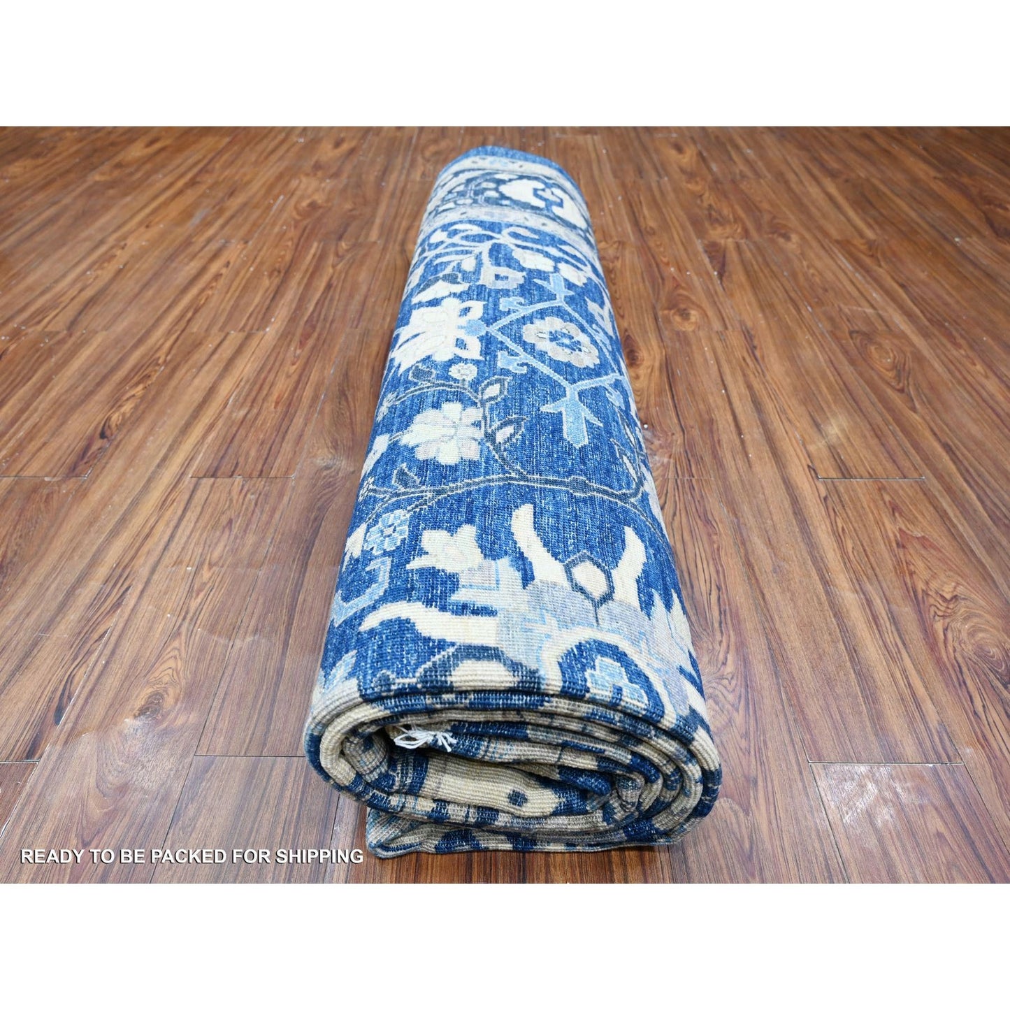 9'X11'7" Blue Hand Knotted 100% Wool Peshawar Heris Design Oriental Rug