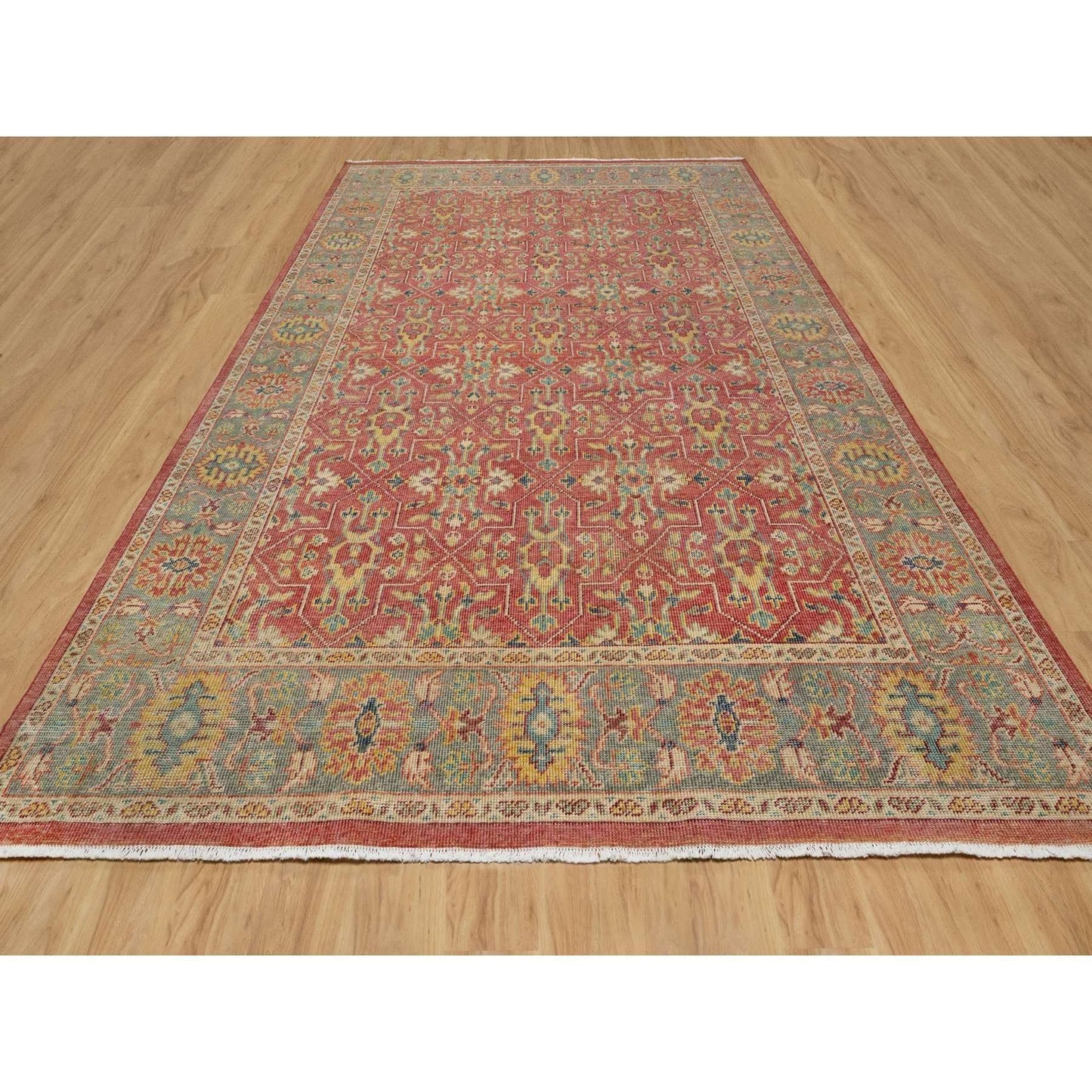 10'X13'9" Red Hand Knotted Antiqued Oushak Design Wool Oriental Rug