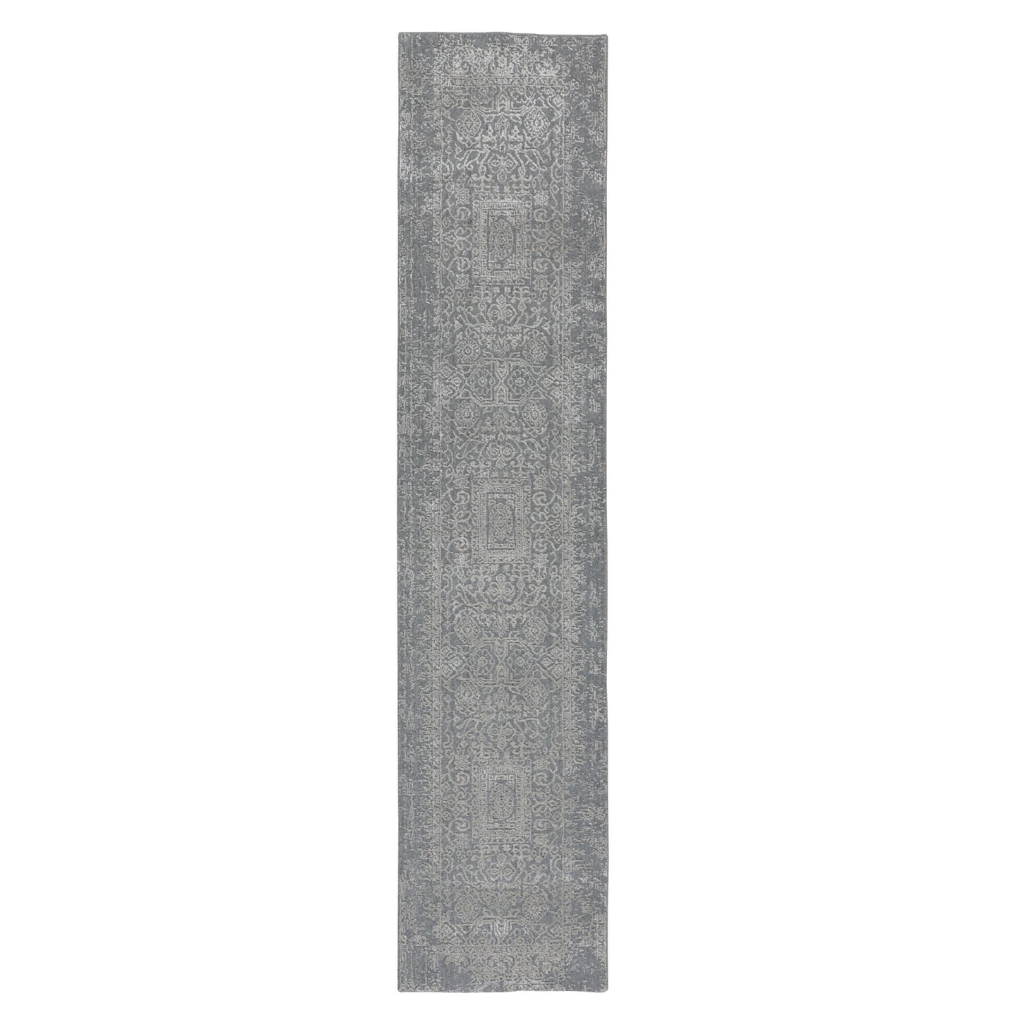 2'5"X12'1" Gray Fine Jacquard Hand Loomed Runner Wool And Art Silk Rug