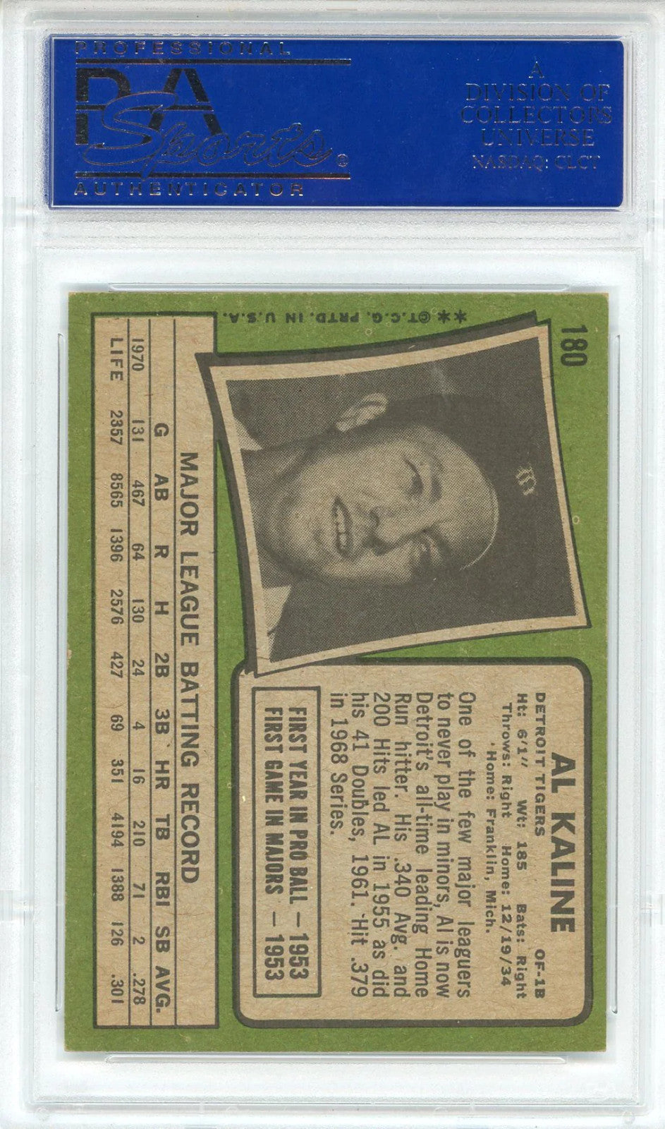Al Kaline 1971 Topps Card #180 (Psa Ex-Mt 6)