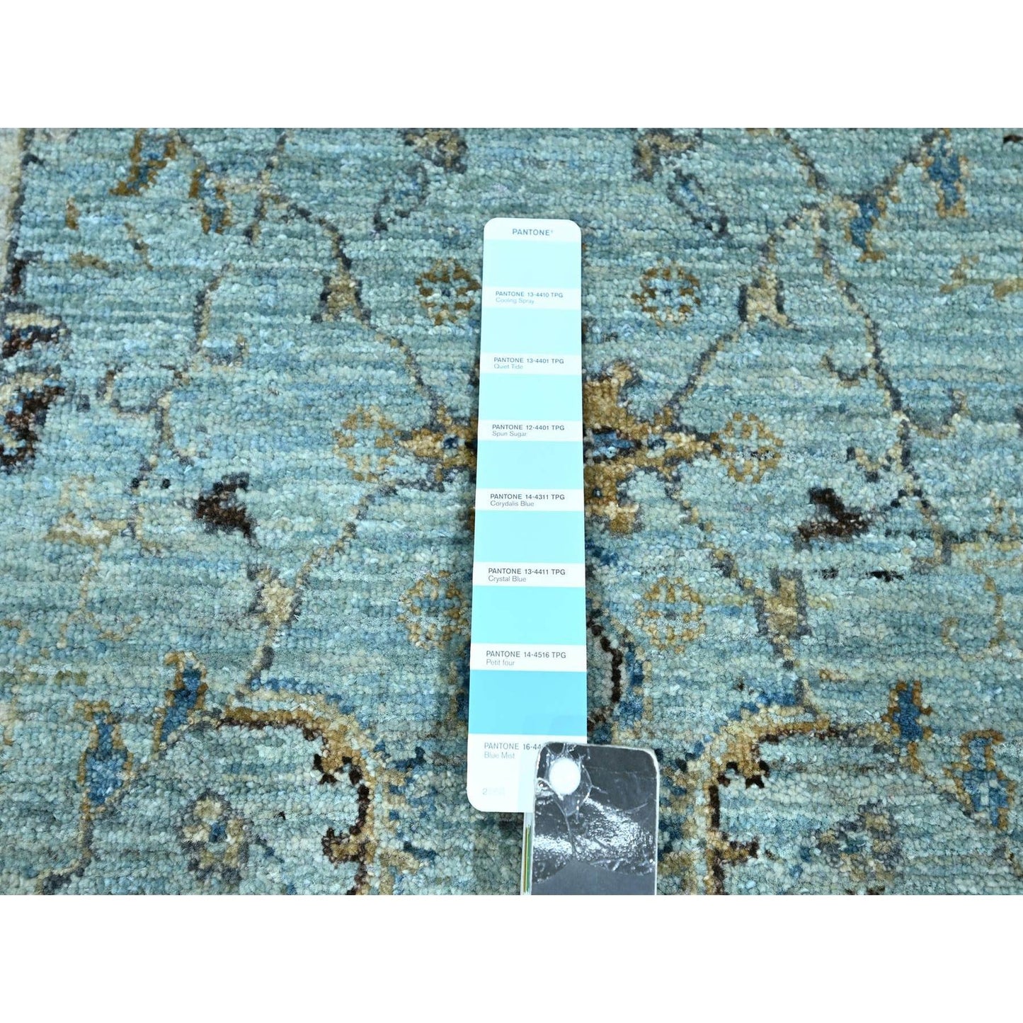 2'7"X22' Sky Blue Hand Knotted Agra Flower Design Pure Wool Xl Runner Rug