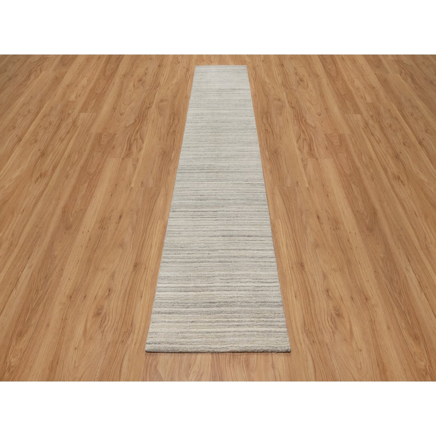 2'7"X12' Ivory Hand Loomed Plain Modern Design Undyed All Wool Runner Rug
