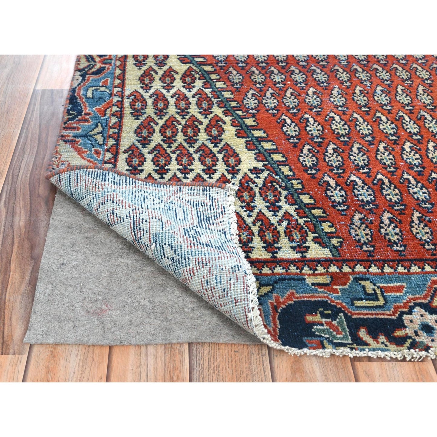 3'7"X9'3" Red Pure Wool Vintage Farsian Hand Knotted Worn Down Runner Rug