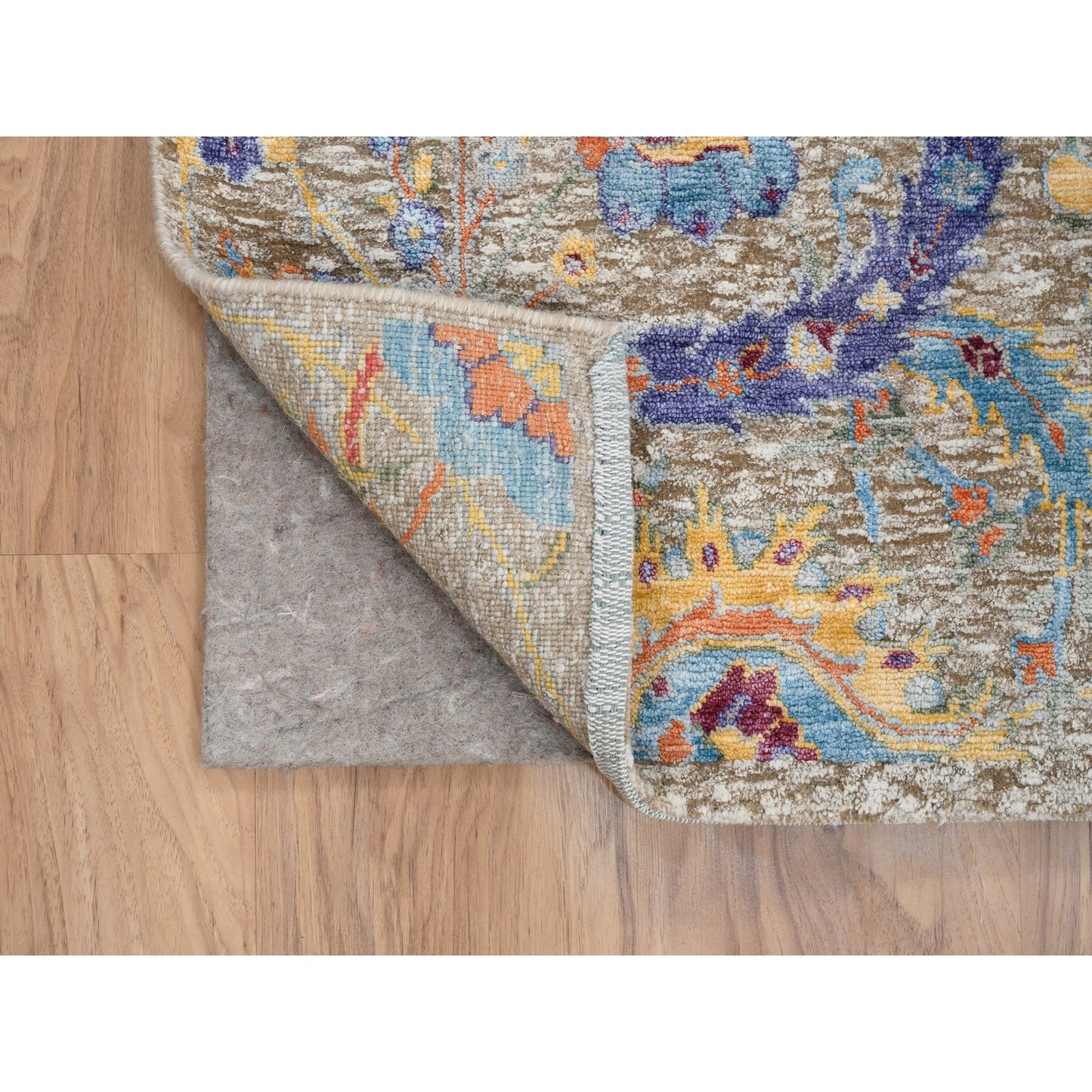 4'1"X10'3" Silk And Wool Hand Knotted Tan Sickle Design Wide Runner Rug