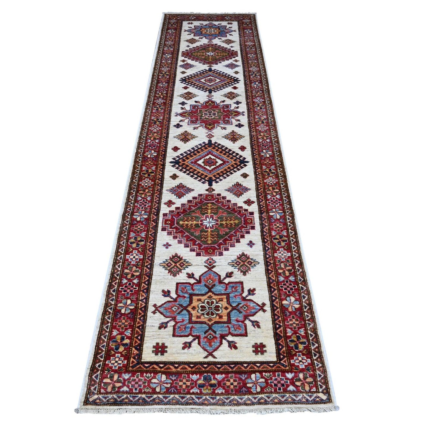 2'7"X10'7" Egg White Hand Knotted Super Kazak Large Motifs Runner Rug