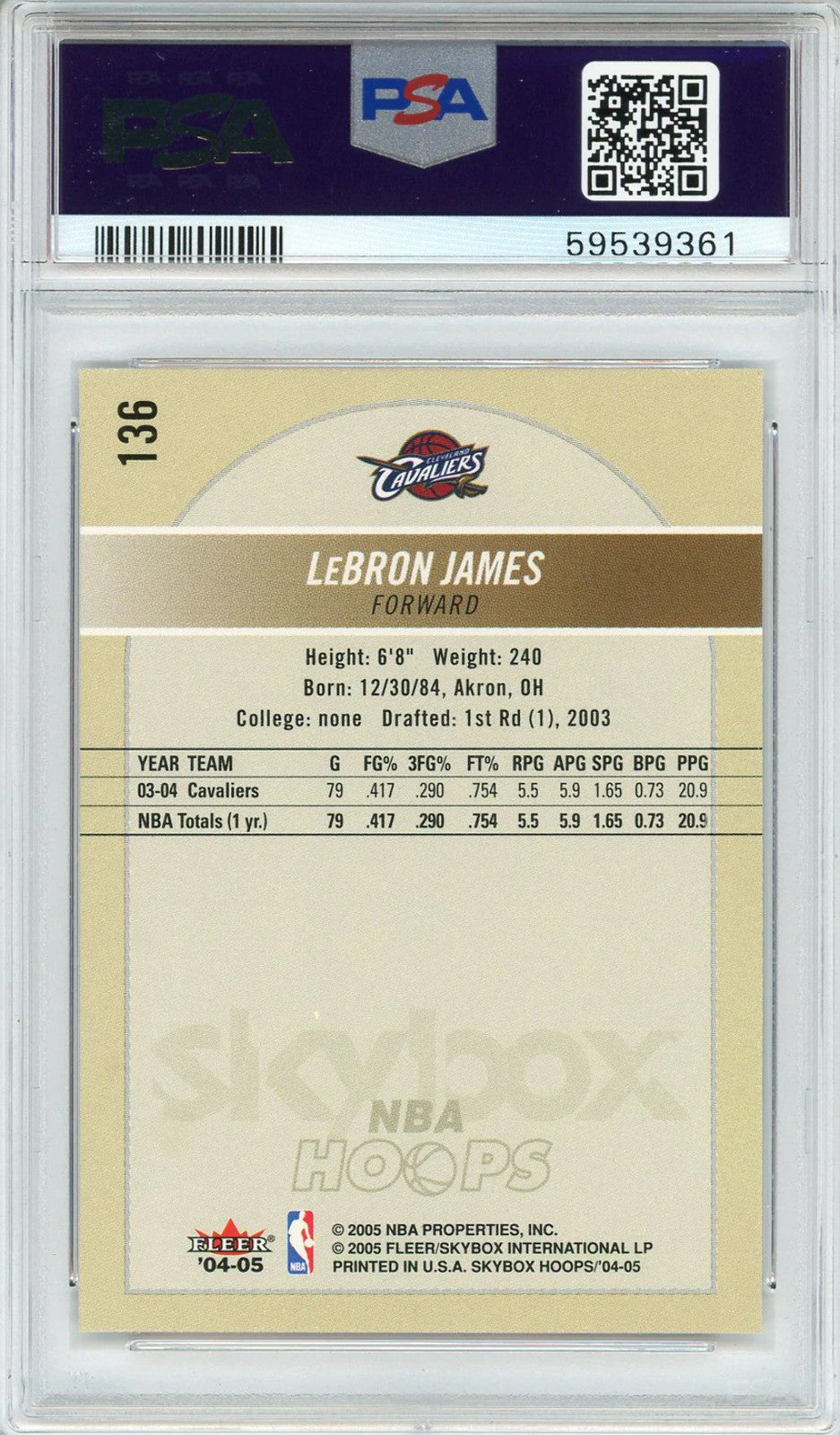 Lebron James 2004 Hoops Card #136 (Psa Mint 9)