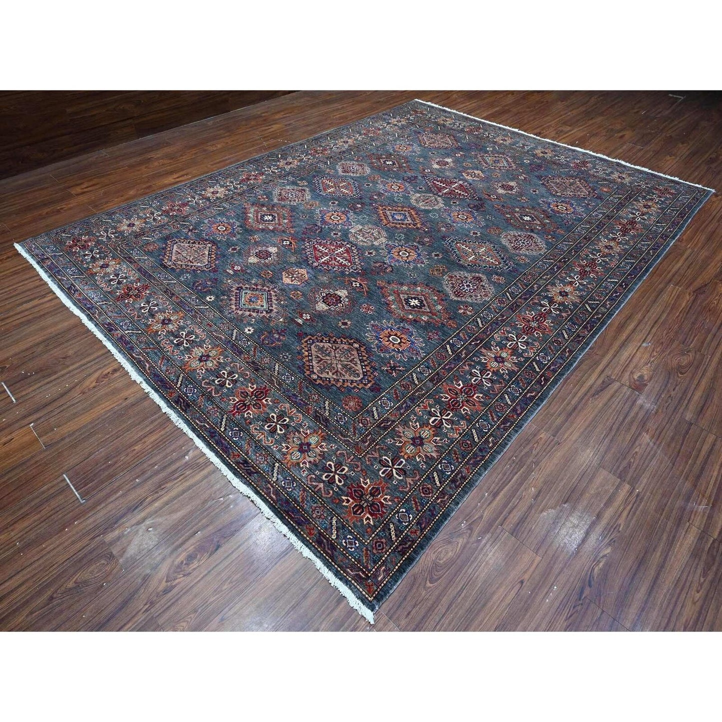 9'X12'1" Gray Wool Hand Knotted Super Kazak Tribal Pattern Oriental Rug